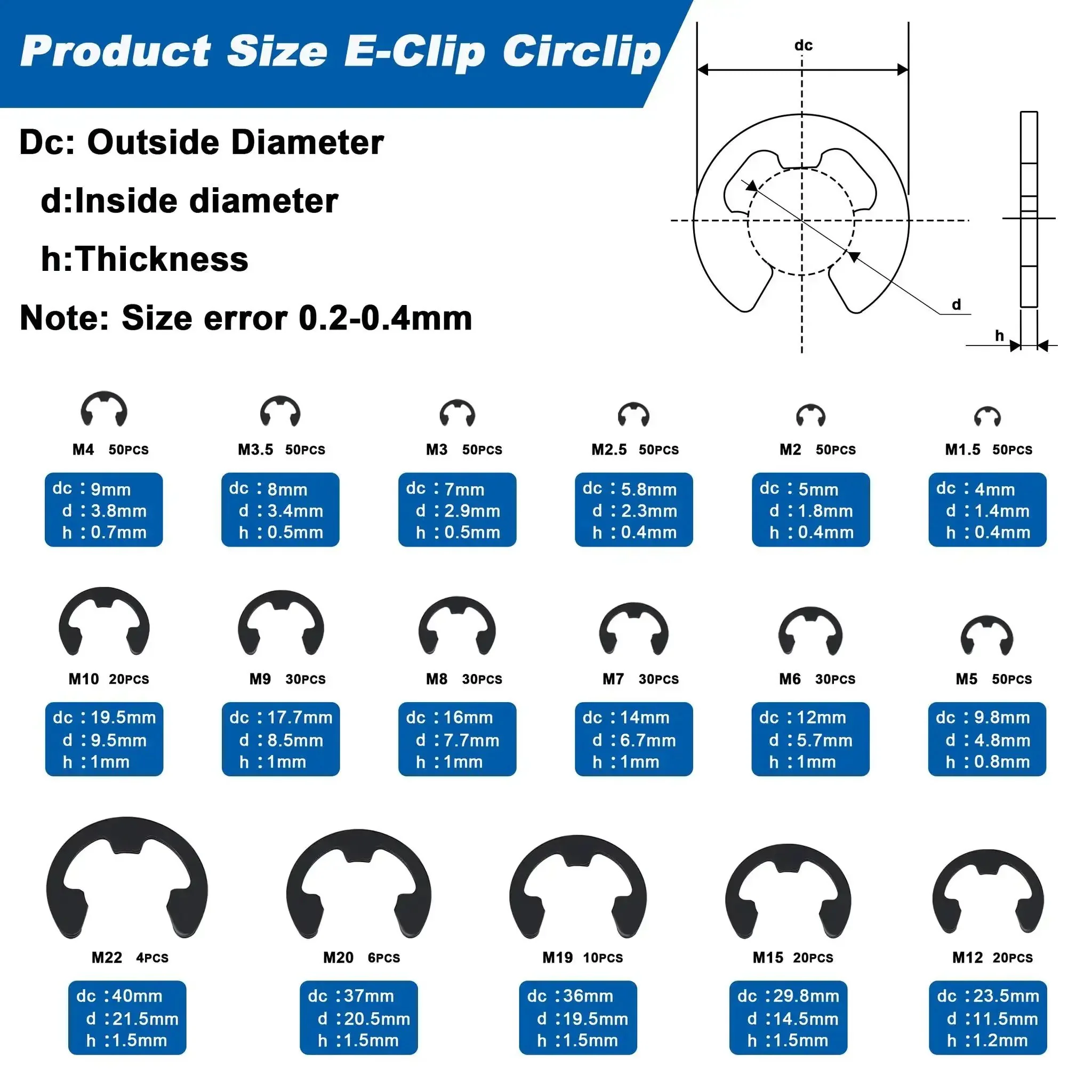 Dope External E Clip Circlip Retaining Rings Kit 550 Pcs With Carbon Steel Rings And 1 Pcs Tweezers Includes Sizes M1.5 To M22 For Machinery Automotive DIY Projects - Image 8