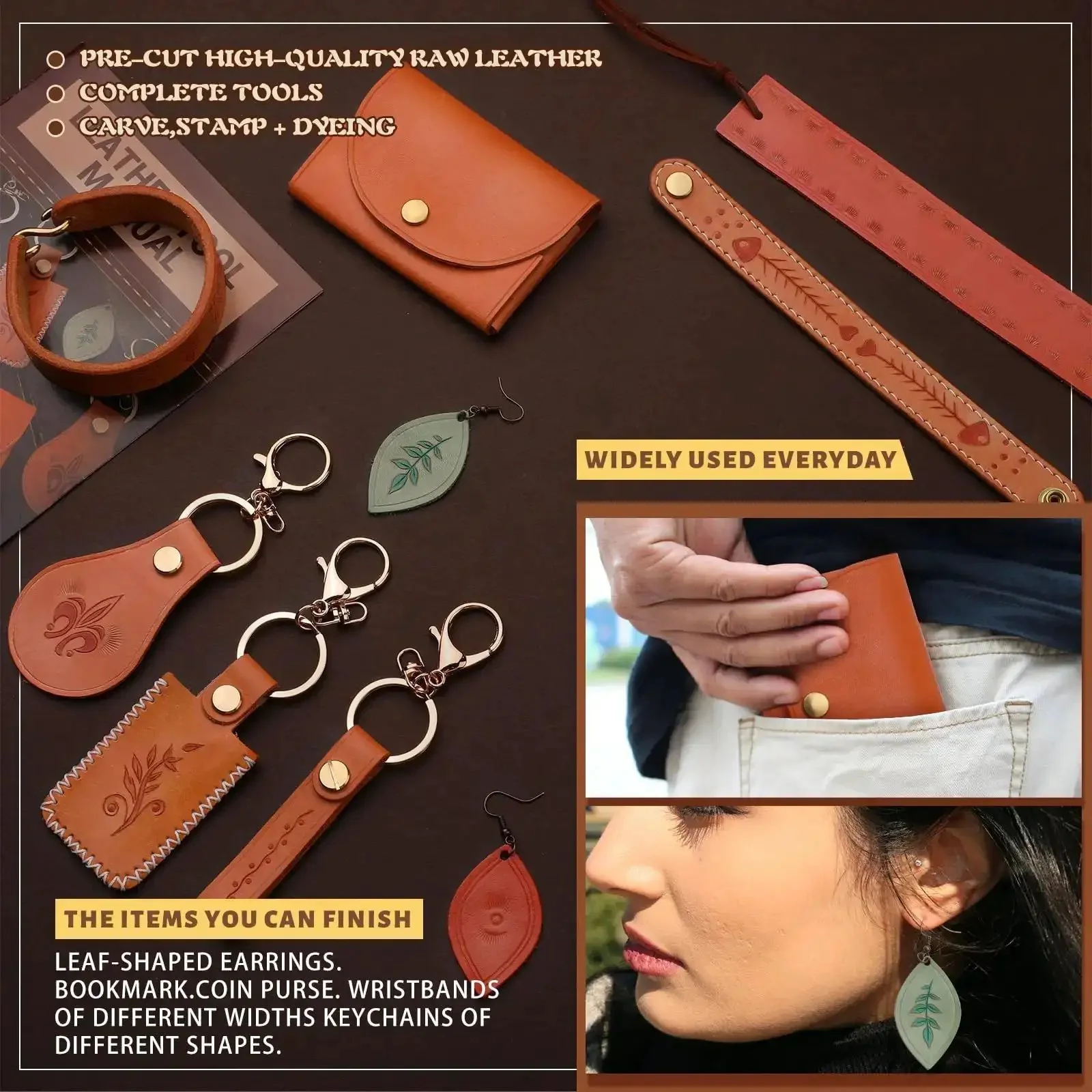 Dope Leather Working Kit With Pro Grade Tools And Dyes For DIY Beginners Includes Stamping Carving Sewing Edge Sealing And Video Tutorials For Creating Earrings Wallets Keychains Wristbands And Bookmarks - Image 5