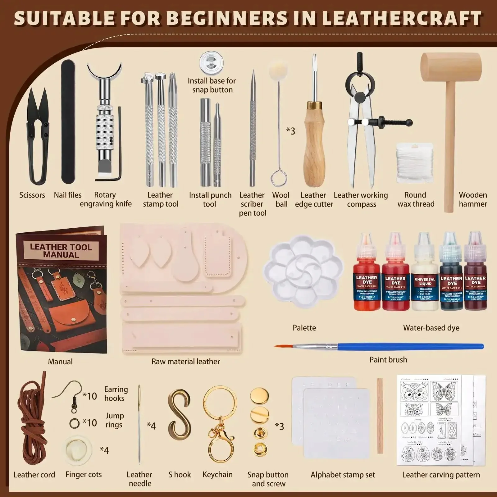 Dope Leather Working Kit With Pro Grade Tools And Dyes For DIY Beginners Includes Stamping Carving Sewing Edge Sealing And Video Tutorials For Creating Earrings Wallets Keychains Wristbands And Bookmarks - Image 7
