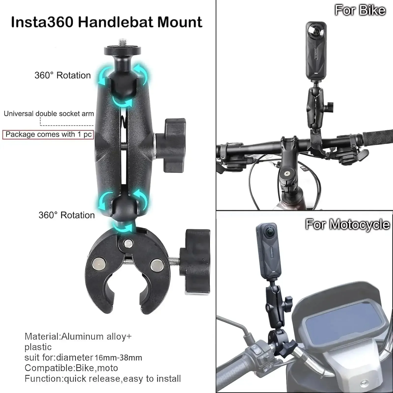 Dope Motorcycle Handlebar Magnetic Mount Kit For Action Cameras With 1/4 Inch Thread 360 Degree Rotating Ball Head Clamp Durable GoPro And Insta360 Mounts Works With X3 X4 X5 And GoPro Hero 13 12 11 10 9 8 - Image 5