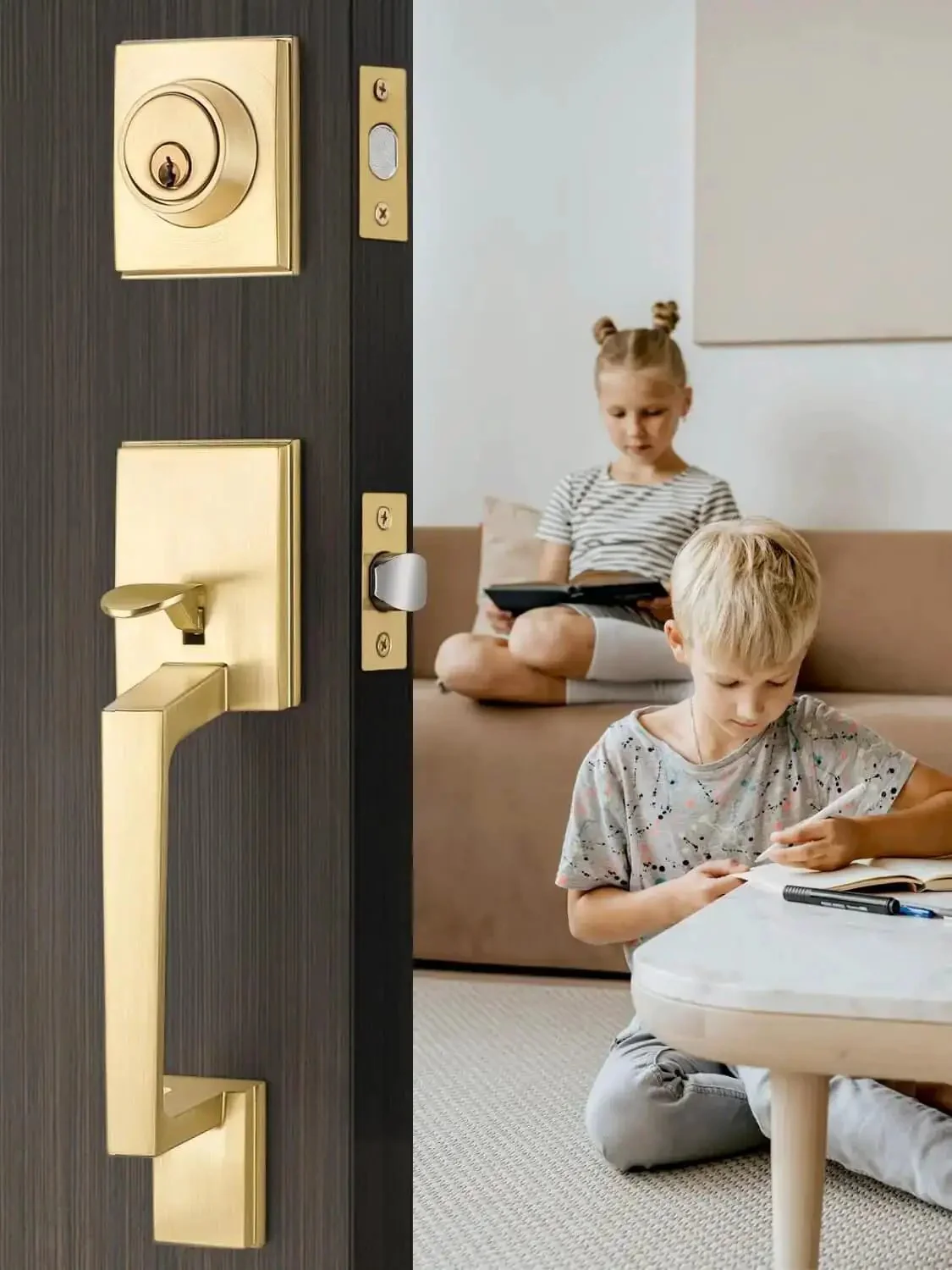 Double Front Door Handle Set With Satin Brass Exterior Lock Front Door Handle And Single Cylinder Deadbolt Heavy Duty Door Hardware Built For Easy No Fuss Home Entry Security - Image 5