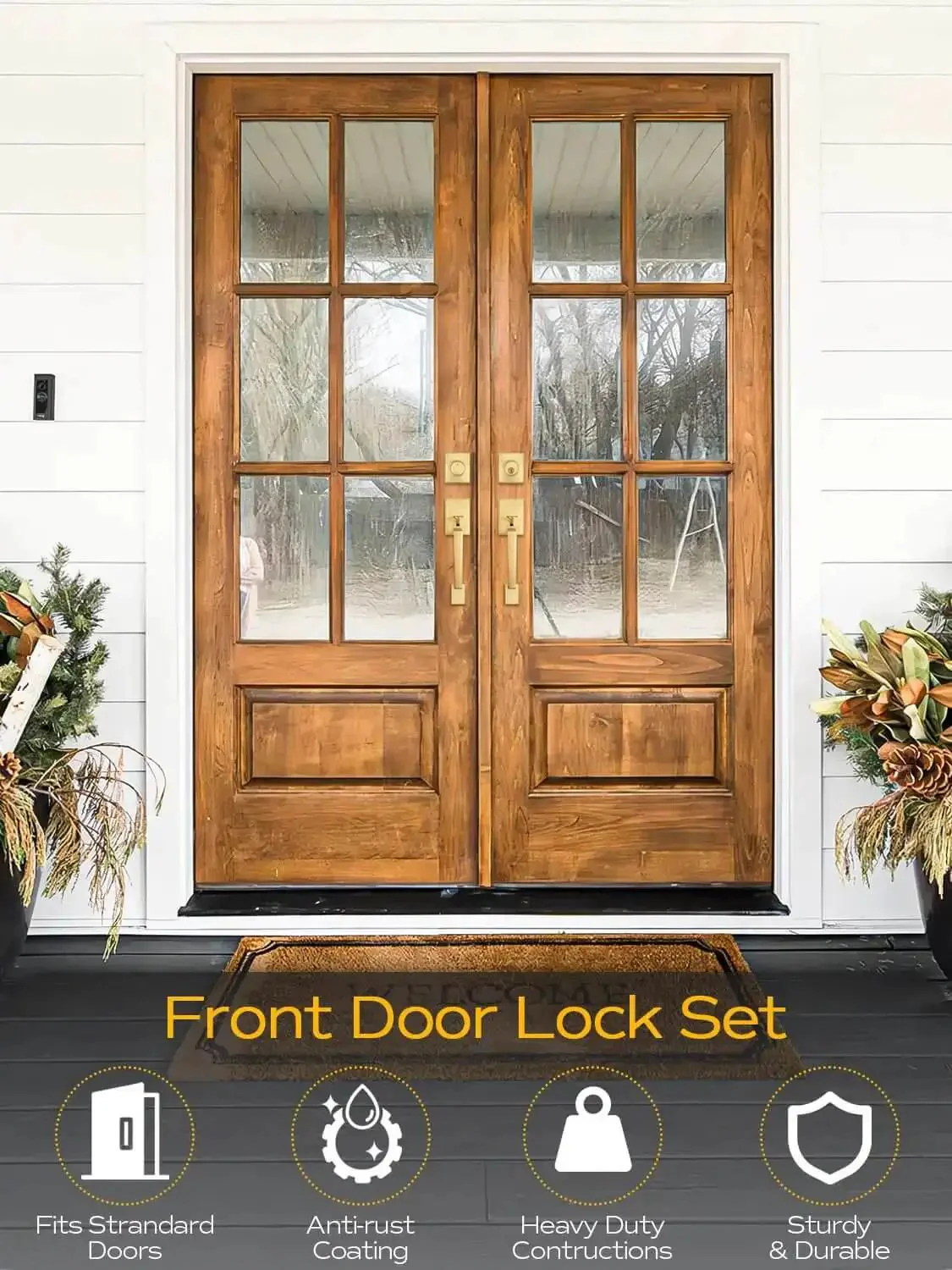 Double Front Door Handle Set With Satin Brass Exterior Lock Front Door Handle And Single Cylinder Deadbolt Heavy Duty Door Hardware Built For Easy No Fuss Home Entry Security - Image 7