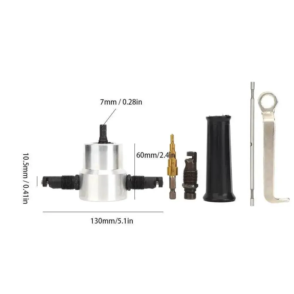 Double Head Metal Nibbler Cutter Kit For Drill Powered Projects, Six Piece Drill Attachment With Interchangeable Heads, 360 Degree Adjustable For Smooth Thin Metal Cutting, Auto Repair And DIYers - Image 2