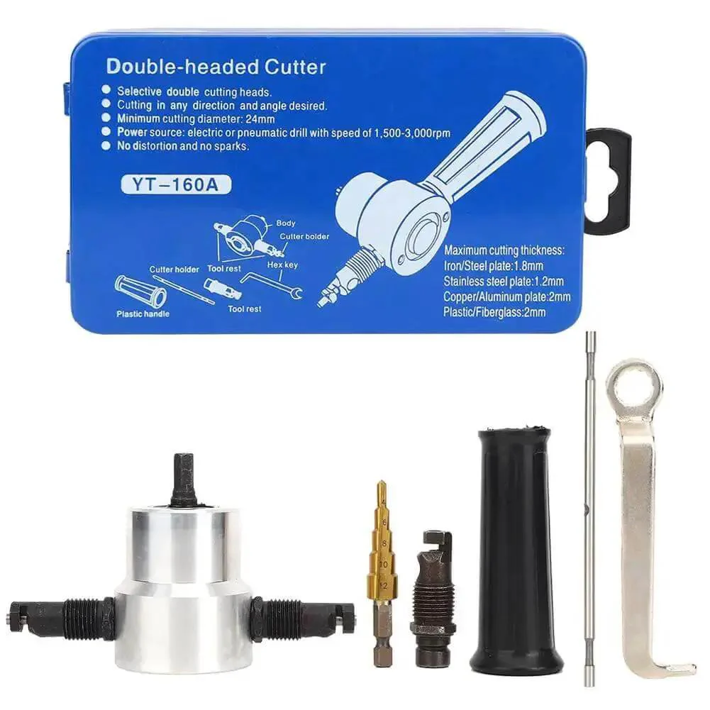Double Head Metal Sheet Nibbler Cutter And Hole Saw Drill Attachment Kit 6 Piece Set For Straight And Curved Sheet Metal Cutting With Electric Or Air Drills A Real Workhorse For Auto Repair And Fabrication
