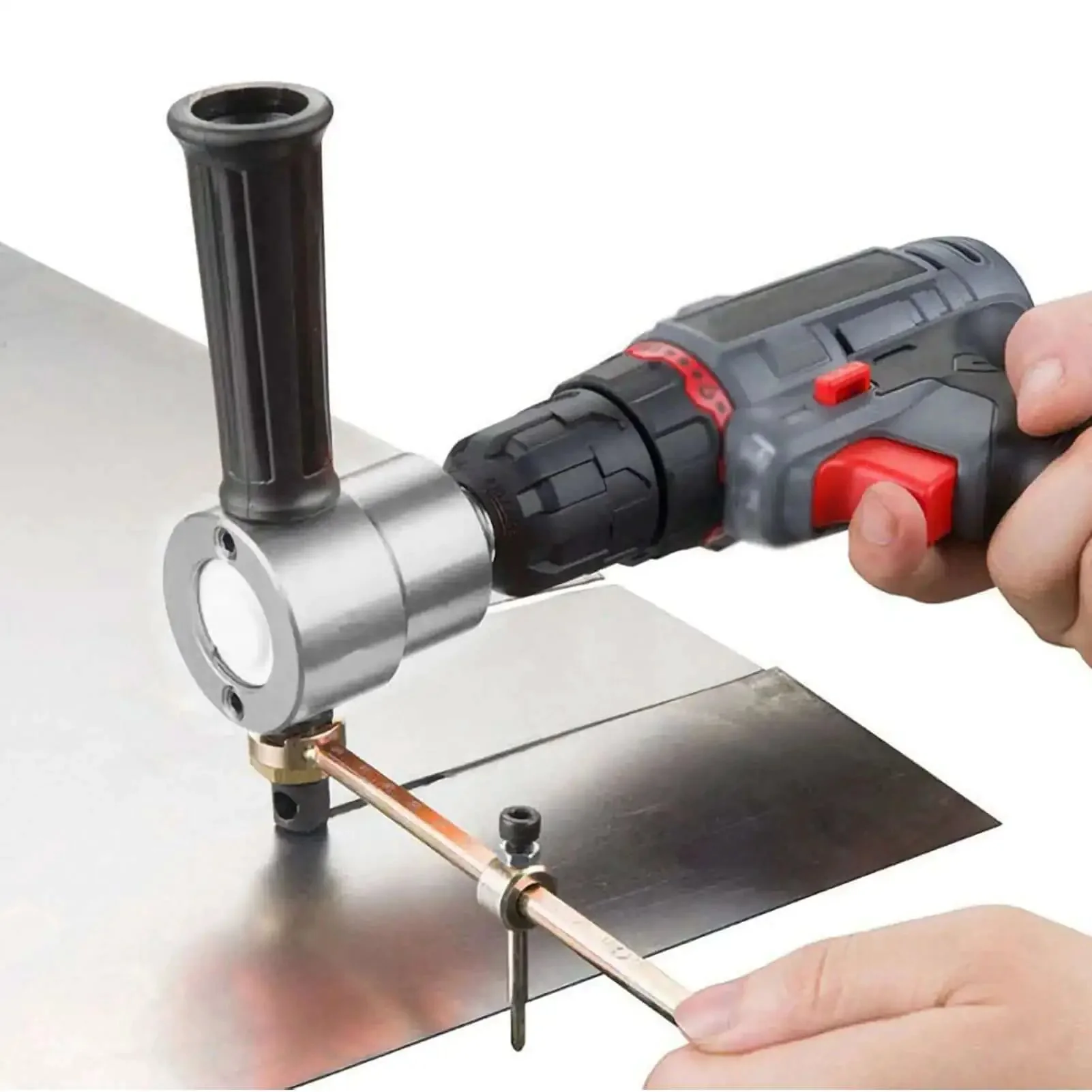 Double Head Sheet Metal Cutter Drill Attachment With 360 Degree Rotating Heavy Duty Nibbler For Straight Line Curve And Circle Cutting Kit Red Works With 8mm Electric Or Pneumatic Drill 1500 To 3000 RPM Minimum Cutting Radius 12mm - Image 5