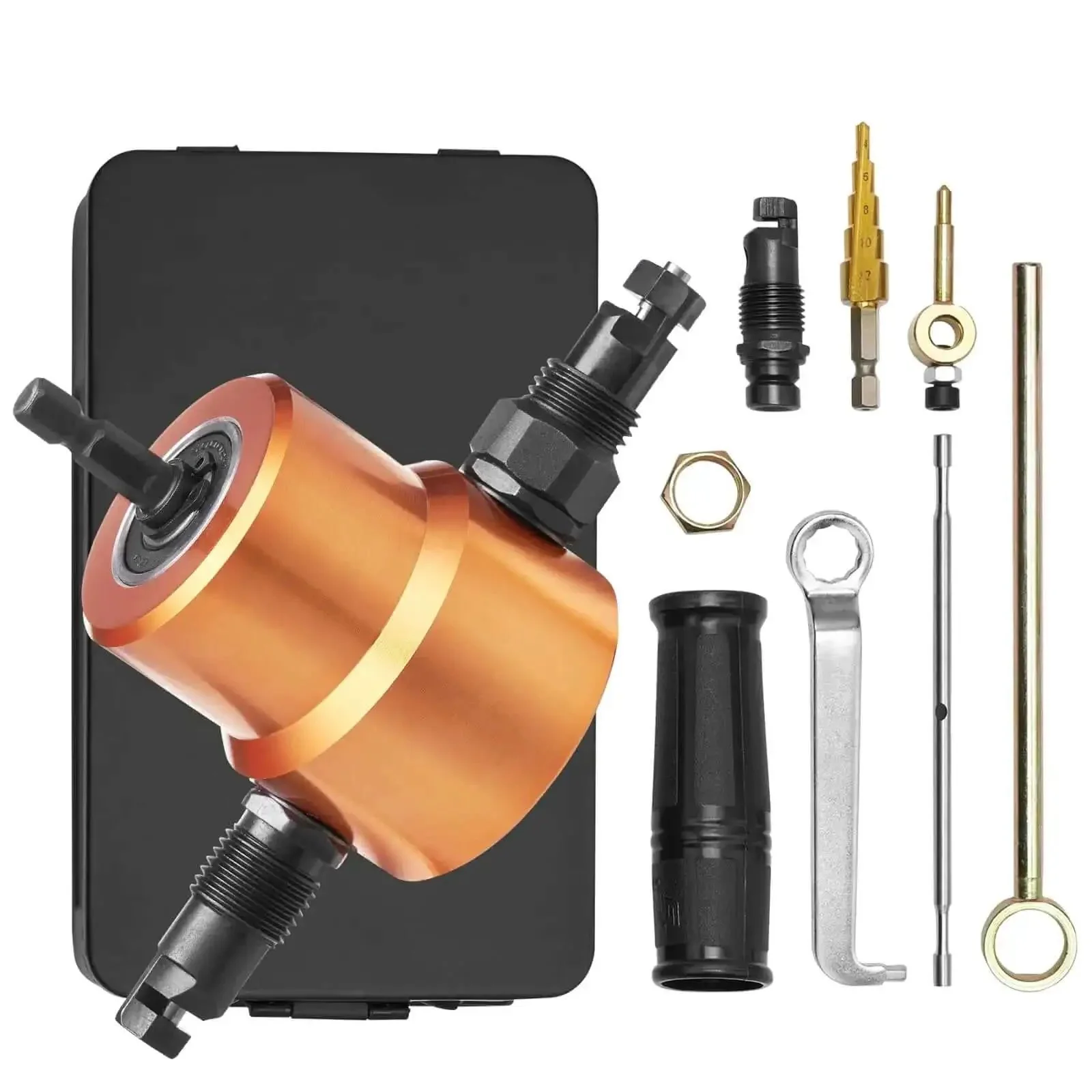 Double Head Sheet Metal Nibbler Cutter With 360 Degree Drill Attachment, Extra Punch And Die, Perfect For Straight, Curve, And Circle Cutting, Includes Hole Accessory And Step Drill Bit, Durable HSS Blade And Alloy Steel Construction - Image 2