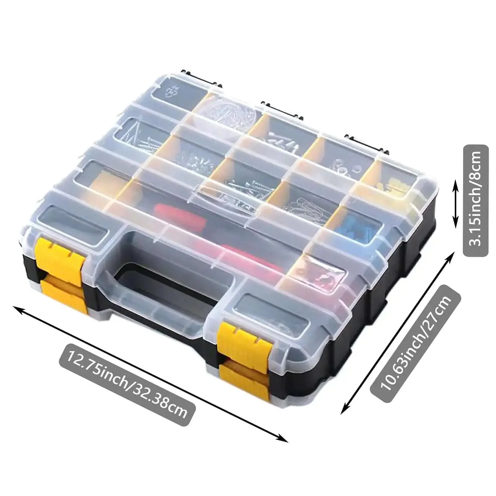 Double Sided 34 Compartment Hardware Organizer Box With Removable Dividers Transparent Durable Plastic Case For Nuts Bolts Screws Nails And Small Hardware Yellow - Image 4