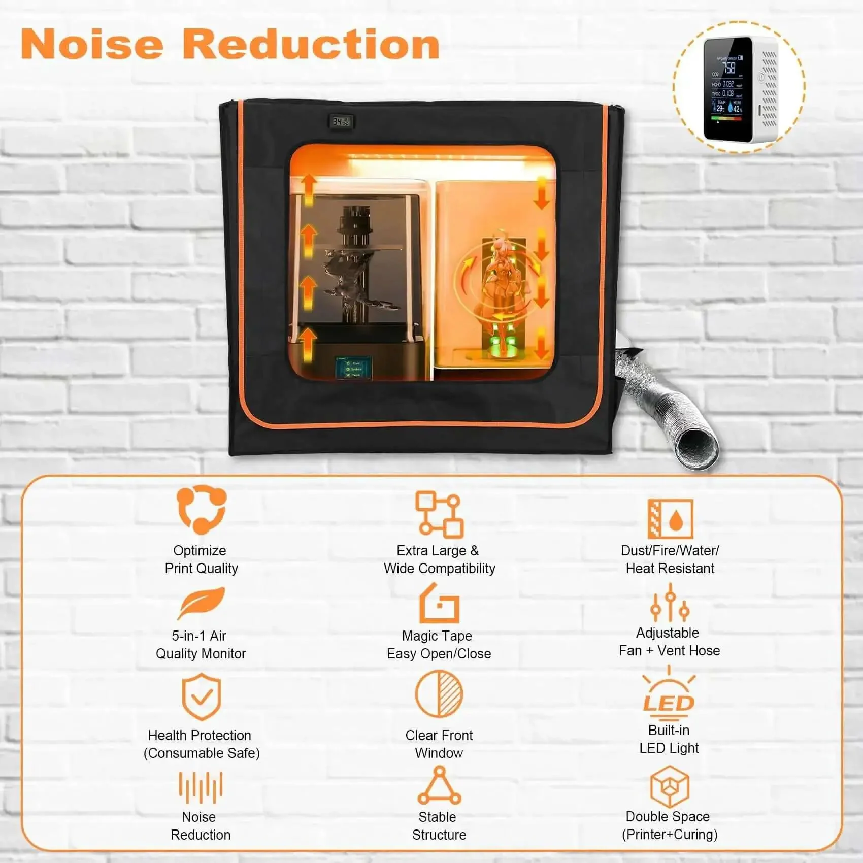 Double Wide 3D Printer Enclosure With Ventilation And Adjustable Fan, Five In One Air Quality Detector, LED Light, Odor Control, Dustproof And Noise Reduction, Resin Printing Vented Tent, Holds Two Printers Or Curing Machines - Image 4