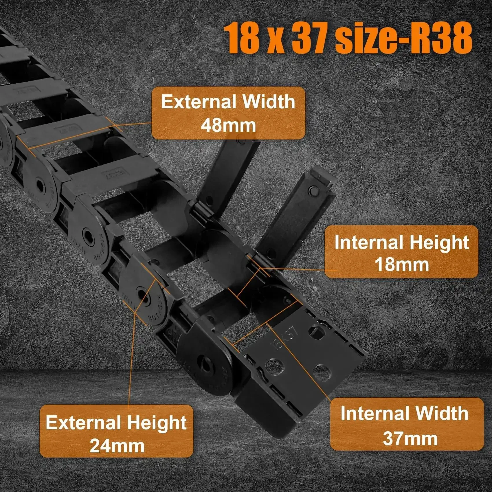 Drag Chain Cable Carrier 1M For 3D Printers And Industrial CNC Rigs, 18x37 mm Inner HxW, R38 Bridge Type, Black PA66 Nylon Wire Protection Chain With Outer Side Open, Easy Snap Segments For Flexible Durable Cable Management - Image 7