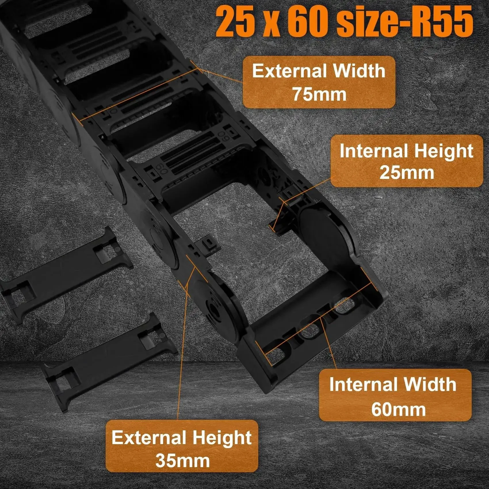 Drag Chain Cable Carrier For 3D Printers And Industrial CNC Robotics, Bridge Type, Inner Size 25 By 60 Millimeters, Fully Open Black PA66 Nylon Wire Protection Track, 39.3 Inch Length, Easy Open Link Segments, Durable Wire Management - Image 7
