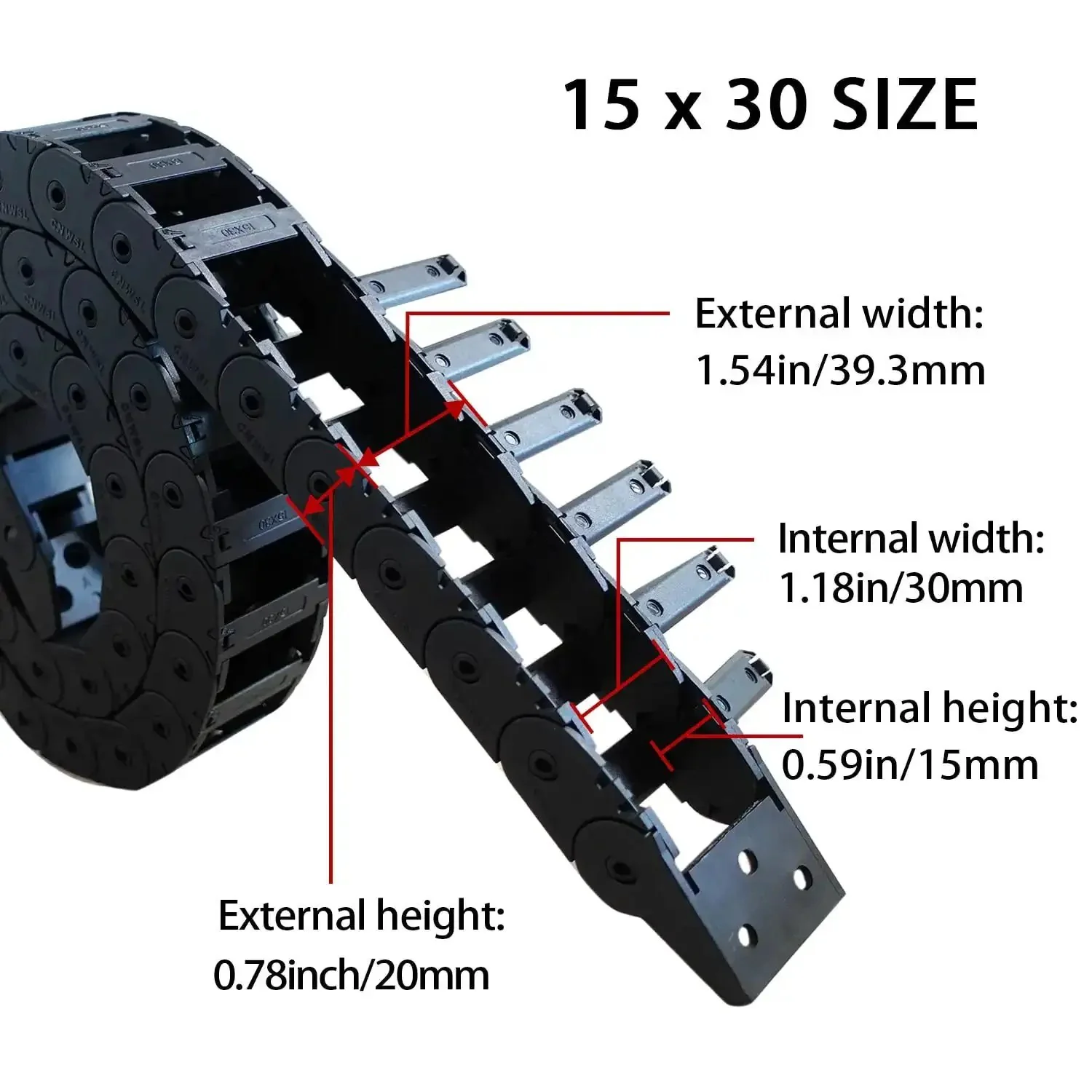 Drag Chain Cable Carrier Open Type 39.4 Inch R28 For CNC Router, Mill, And 3D Printer, 1 Meter Nylon PA66 Chain With 15x30mm Internal And 20x39.3mm External, Includes 2 End Connector Pairs, 1 Screwdriver, And 9 Screws - Image 6
