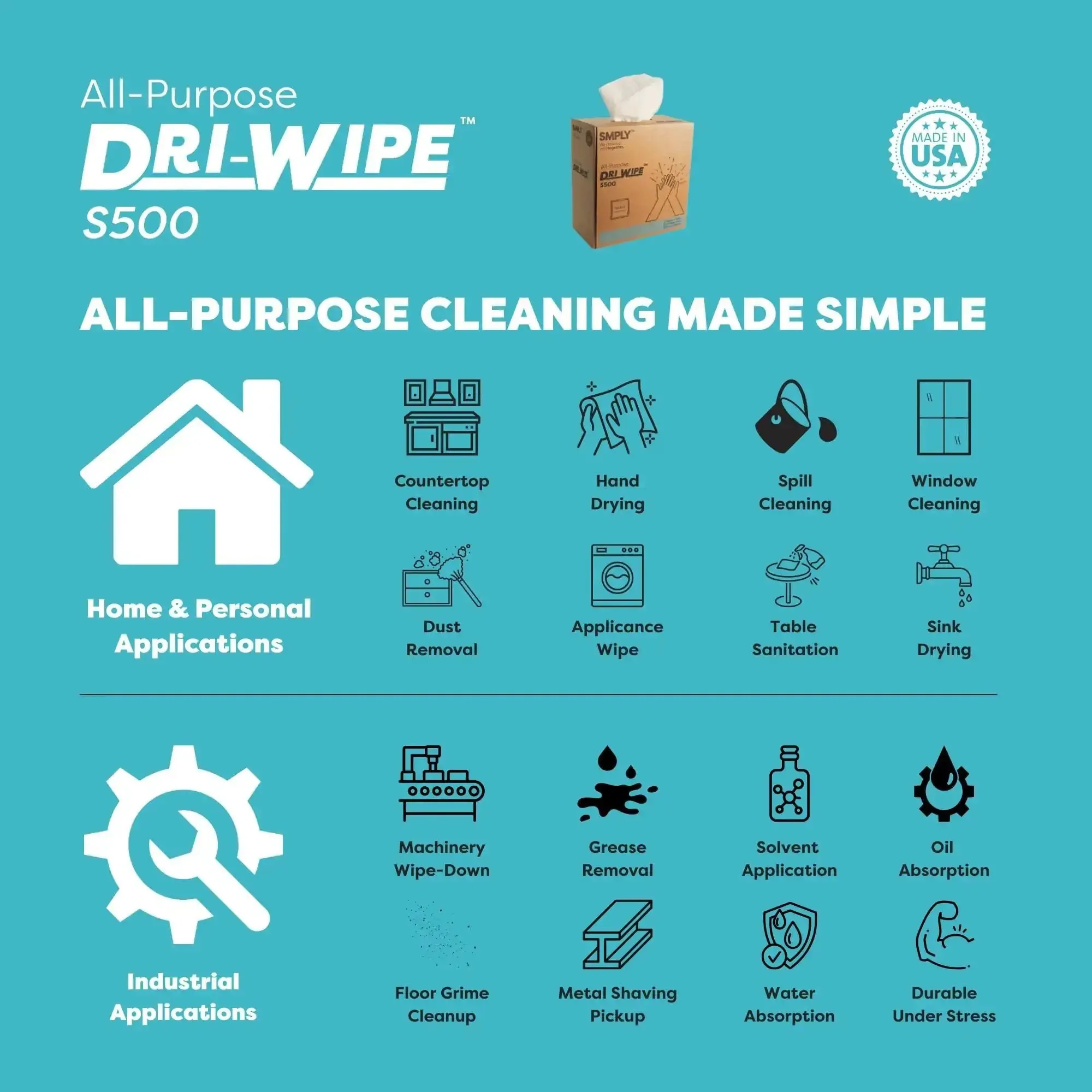 Dri-Wipe S500 All-Purpose Disposable Wipes, 176 Per Box, 10 Boxes, Center-Pull 8 By 12 Inch Sheets, Go-To Alternative To Paper Towels And Shop Towels, Great For Janitorial And Industrial Cleaning, Spray And Wipe Ready - Image 6
