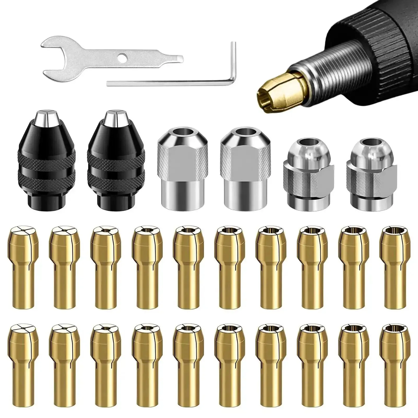 Drill Chuck Collet Set For Dremel Tools, 28 Piece Kit With 2 British 3 Jaw 4486 Chucks, 1/32 To 1/8 Inch Collets In 10 Sizes, 20 Brass Collets, Quick Change Adapter, Wrenches, And Handy Nuts For Pro Grade DIY Projects