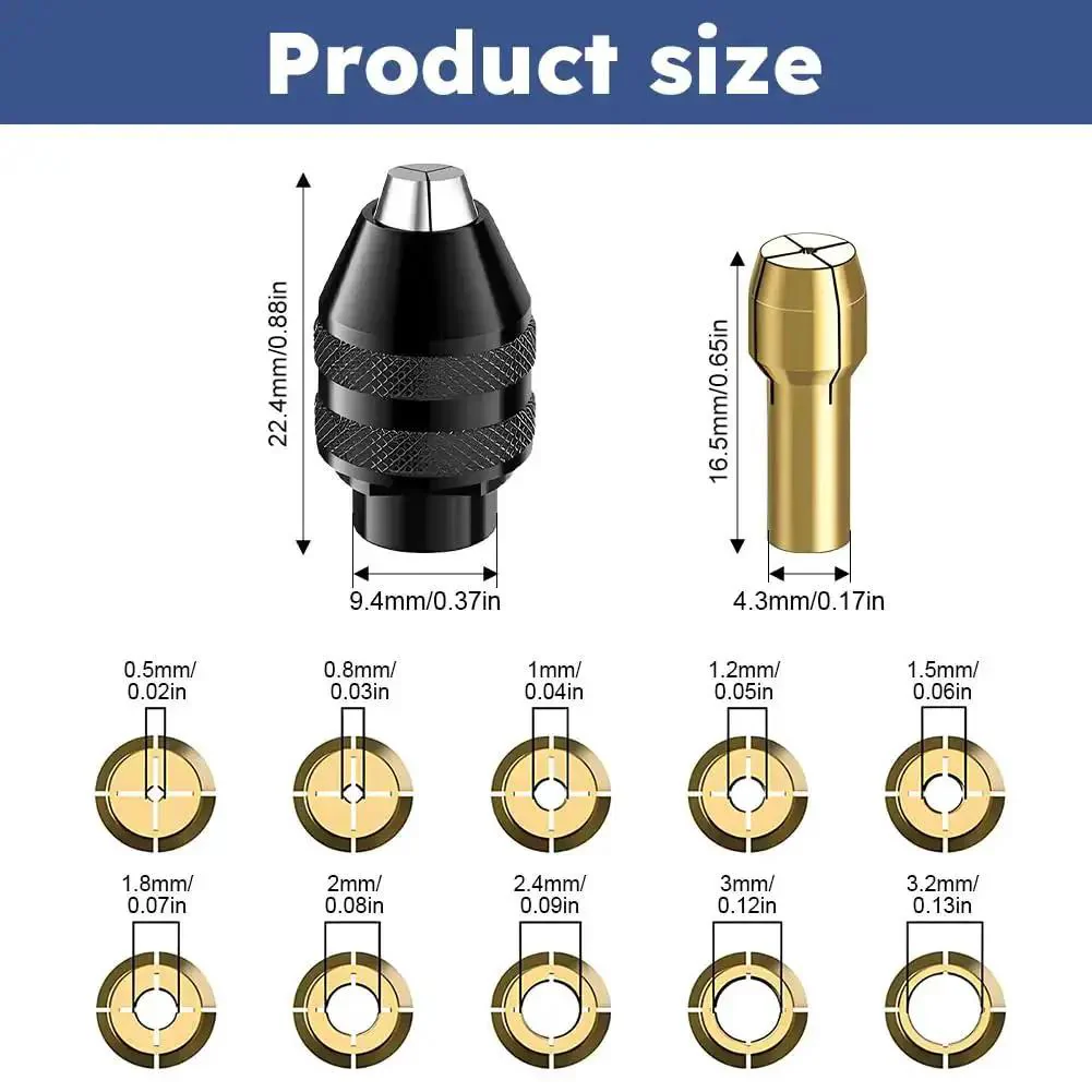 Drill Chuck Collet Set For Dremel Tools, 28 Piece Kit With 2 British 3 Jaw 4486 Chucks, 1/32 To 1/8 Inch Collets In 10 Sizes, 20 Brass Collets, Quick Change Adapter, Wrenches, And Handy Nuts For Pro Grade DIY Projects - Image 8