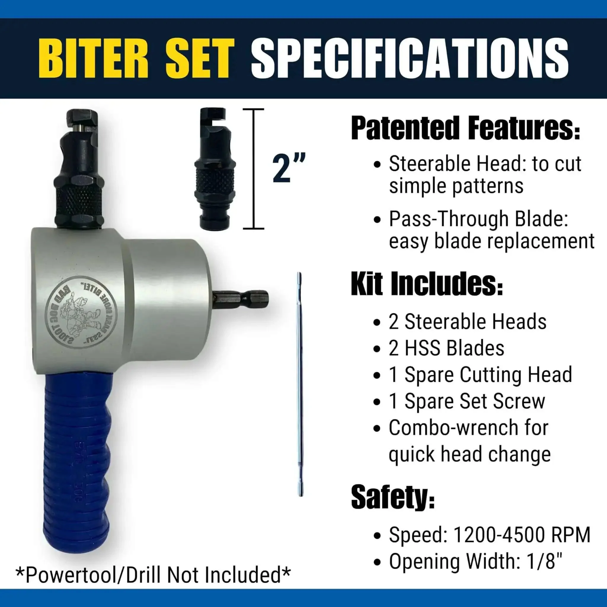 Drill Mounted Dual Head Nibbler Attachment With Steerable Heads For Precision Sheet Metal Cuts, Shop Ready Pro Grade Kit Includes Two 2 Inch Steerable Heads, HSS Blades, Spare Blades, Cutting Head, Set Screws And Combo Wrench - Image 4