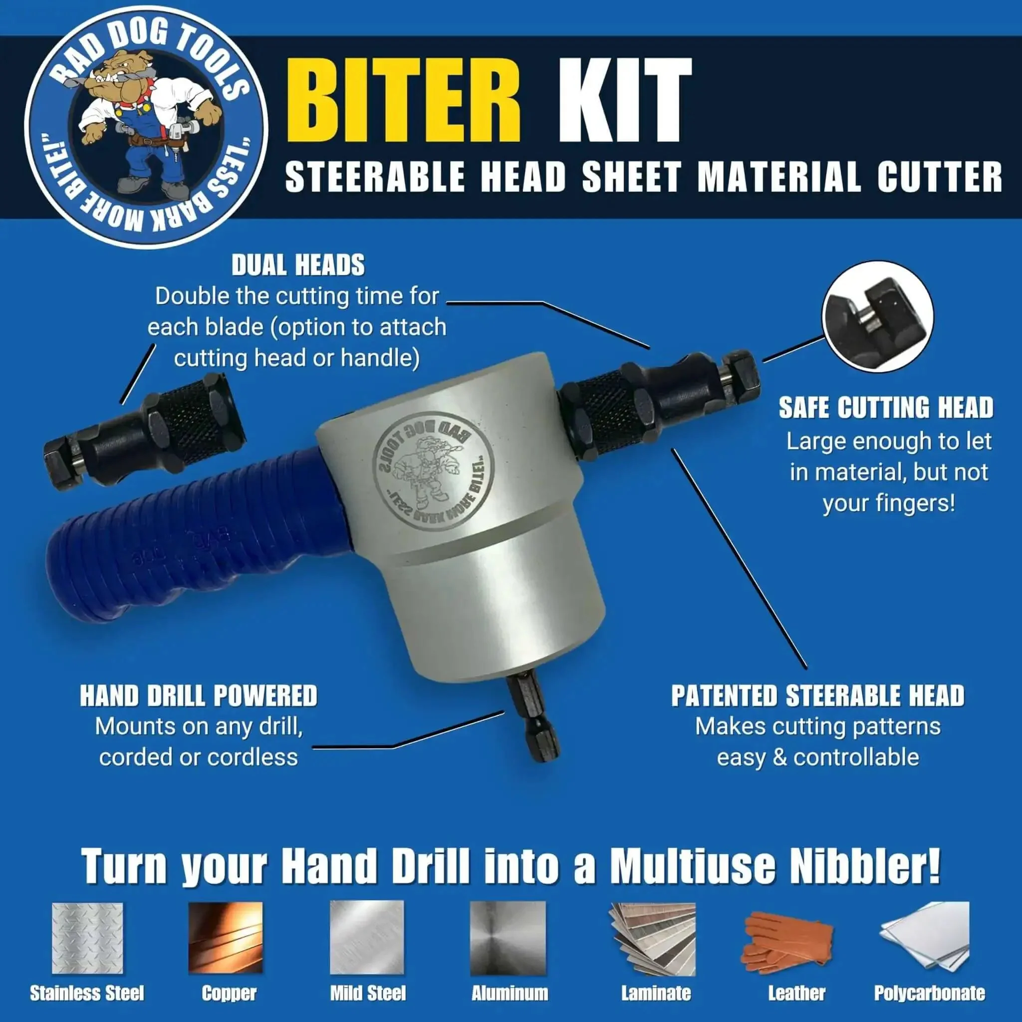 Drill Mounted Dual Head Nibbler Attachment With Steerable Heads For Precision Sheet Metal Cuts, Shop Ready Pro Grade Kit Includes Two 2 Inch Steerable Heads, HSS Blades, Spare Blades, Cutting Head, Set Screws And Combo Wrench - Image 7