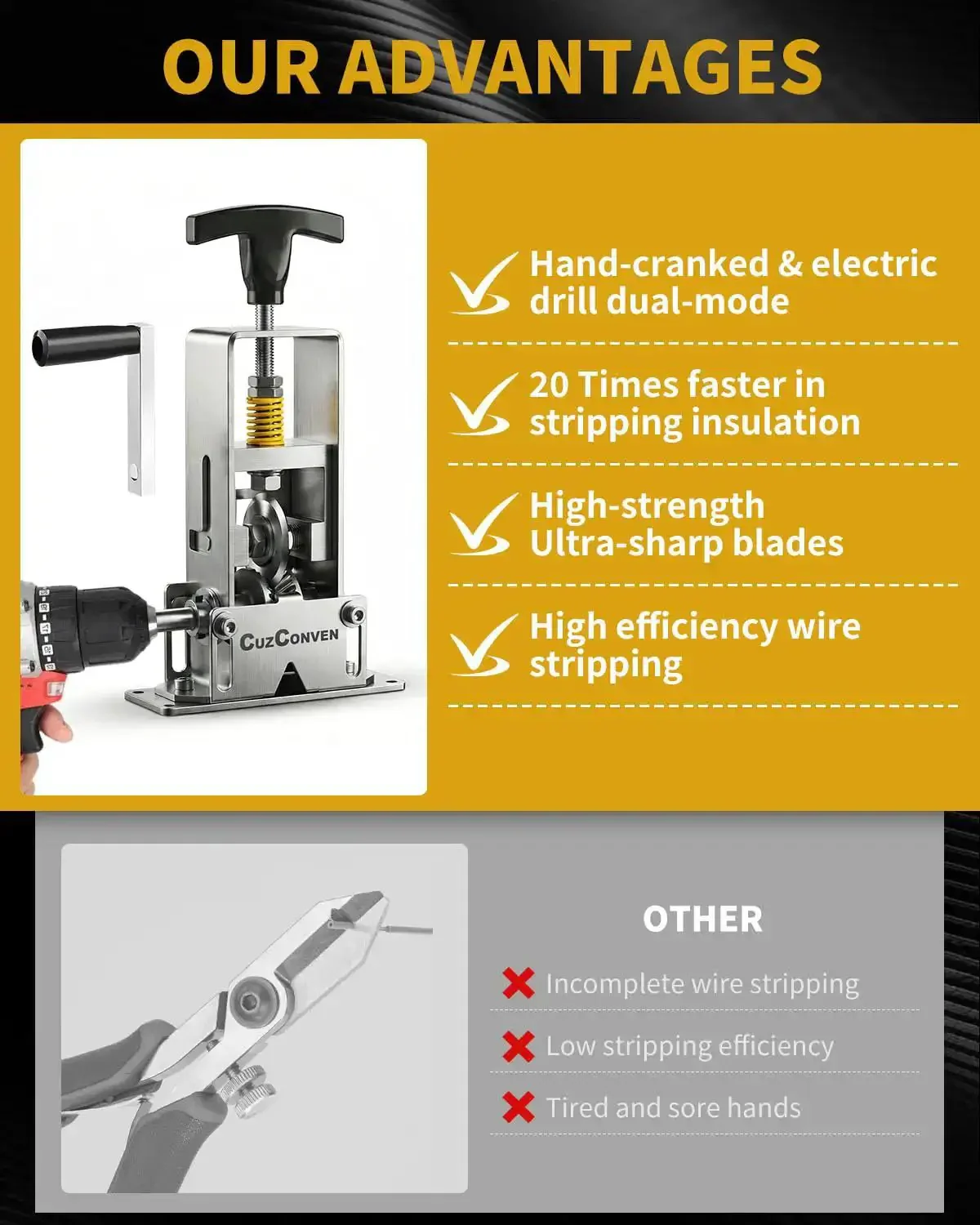 Drill Powered Wire Stripper Machine For 0.03 To 1 Inch Wires Portable Steel Frame Stripping Tool For Scrap Copper Cable Recycling Adjustable Carbide Blades Hand Crank Optional Heavy Duty And Easy To Use - Image 2