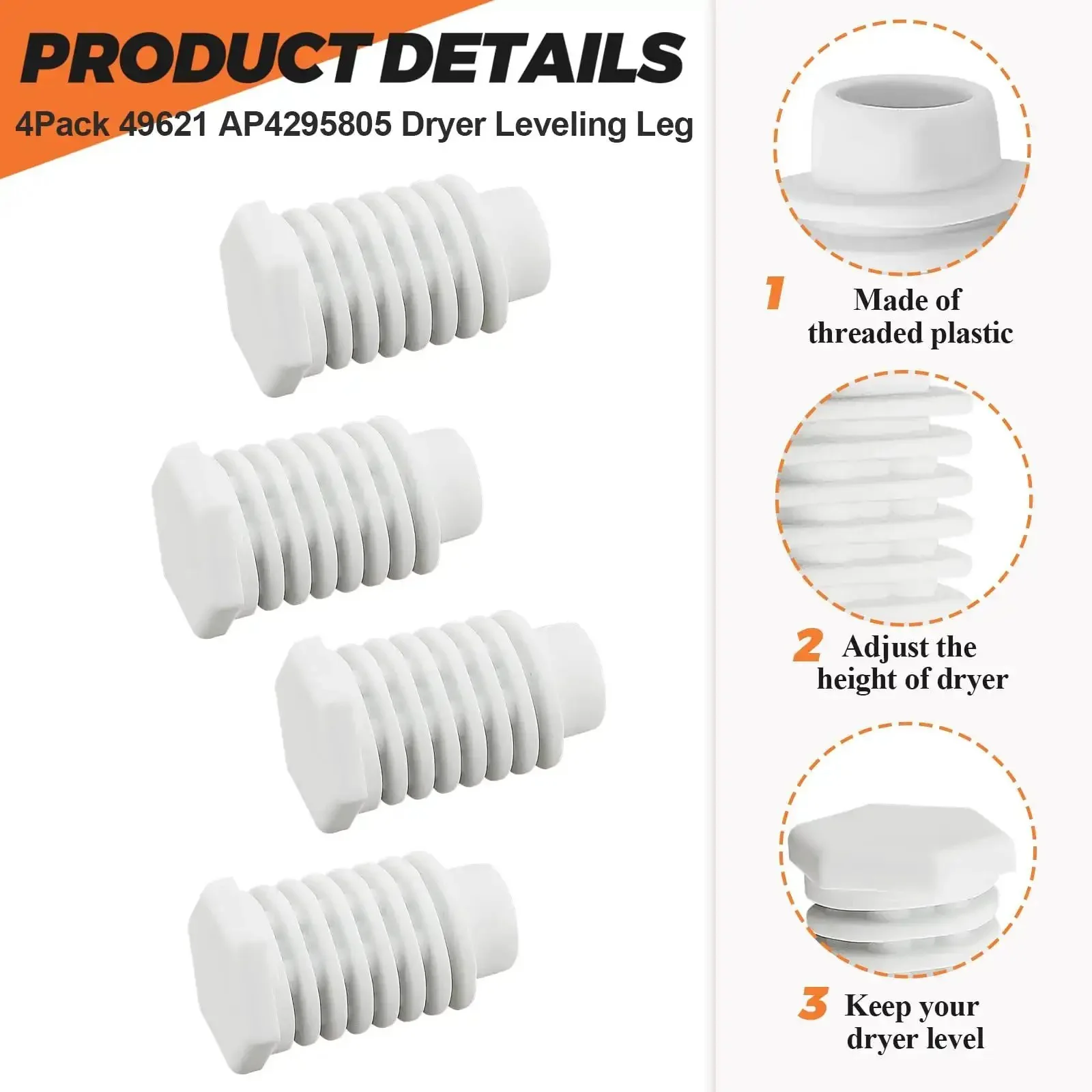 Dryer Leveling Feet Set 49621 AP4295805 Replacement For Whirlpool And Kenmore Dryers, 1.8 Inch Threaded Plastic Feet, Pack Of 4 For Rock Solid Stability And Wobble Free Operation - Image 6
