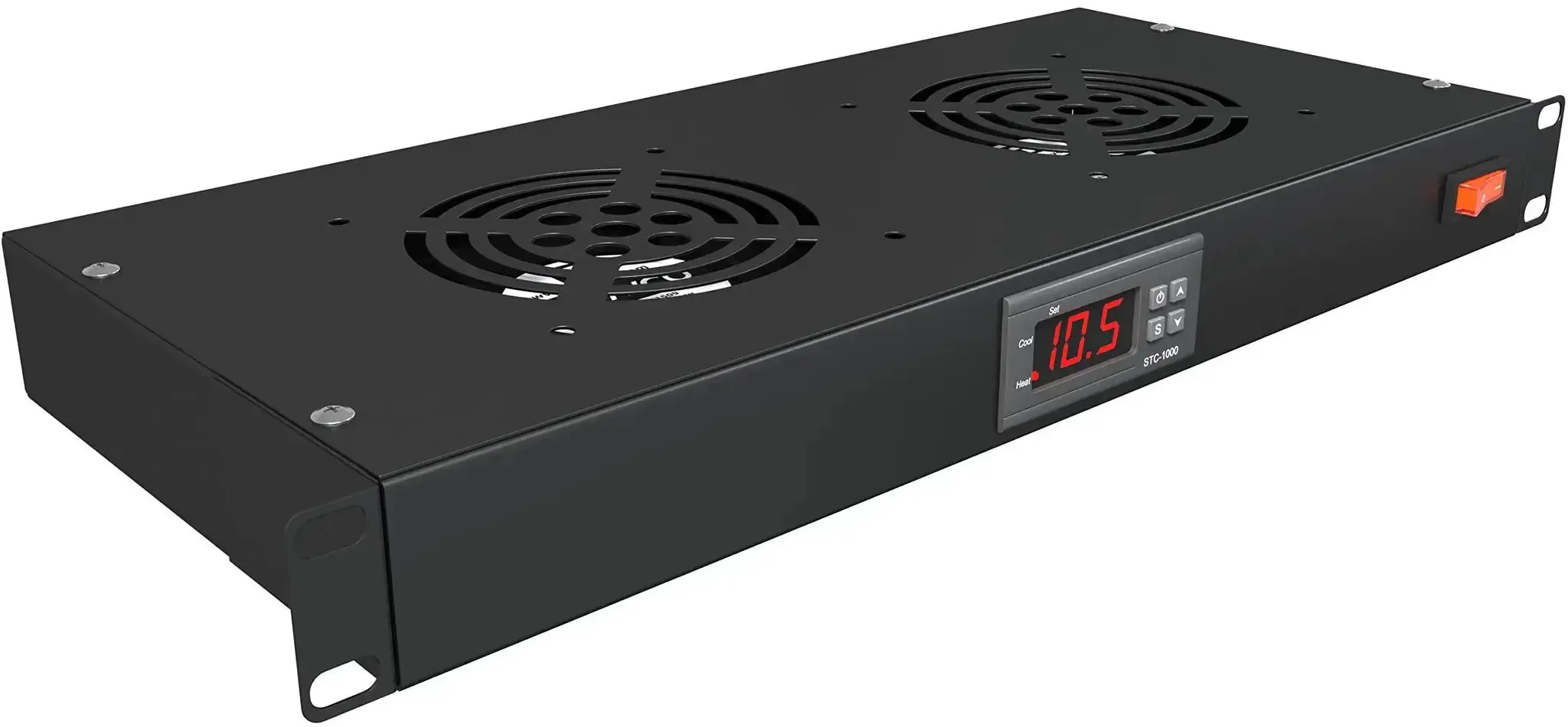 Dual 4-Inch Rack Mount Server Cooling System For 1U 19-Inch Cabinets With Adjustable Temperature Control Digital Heat Monitor Display Sensor Alarm Top Exhaust Quiet Yet Powerful 150 CFM Airflow