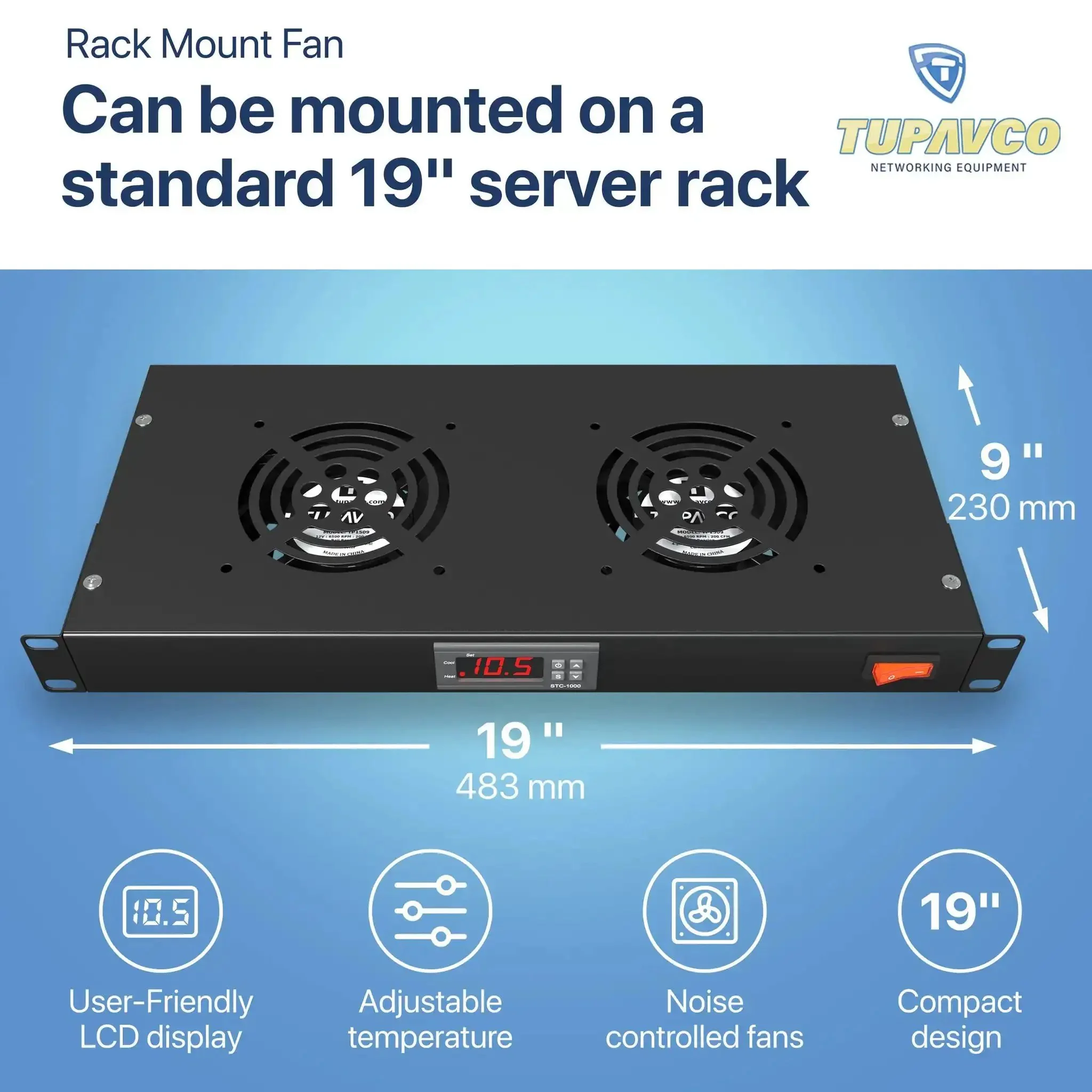 Dual 4-Inch Rack Mount Server Cooling System For 1U 19-Inch Cabinets With Adjustable Temperature Control Digital Heat Monitor Display Sensor Alarm Top Exhaust Quiet Yet Powerful 150 CFM Airflow - Image 8