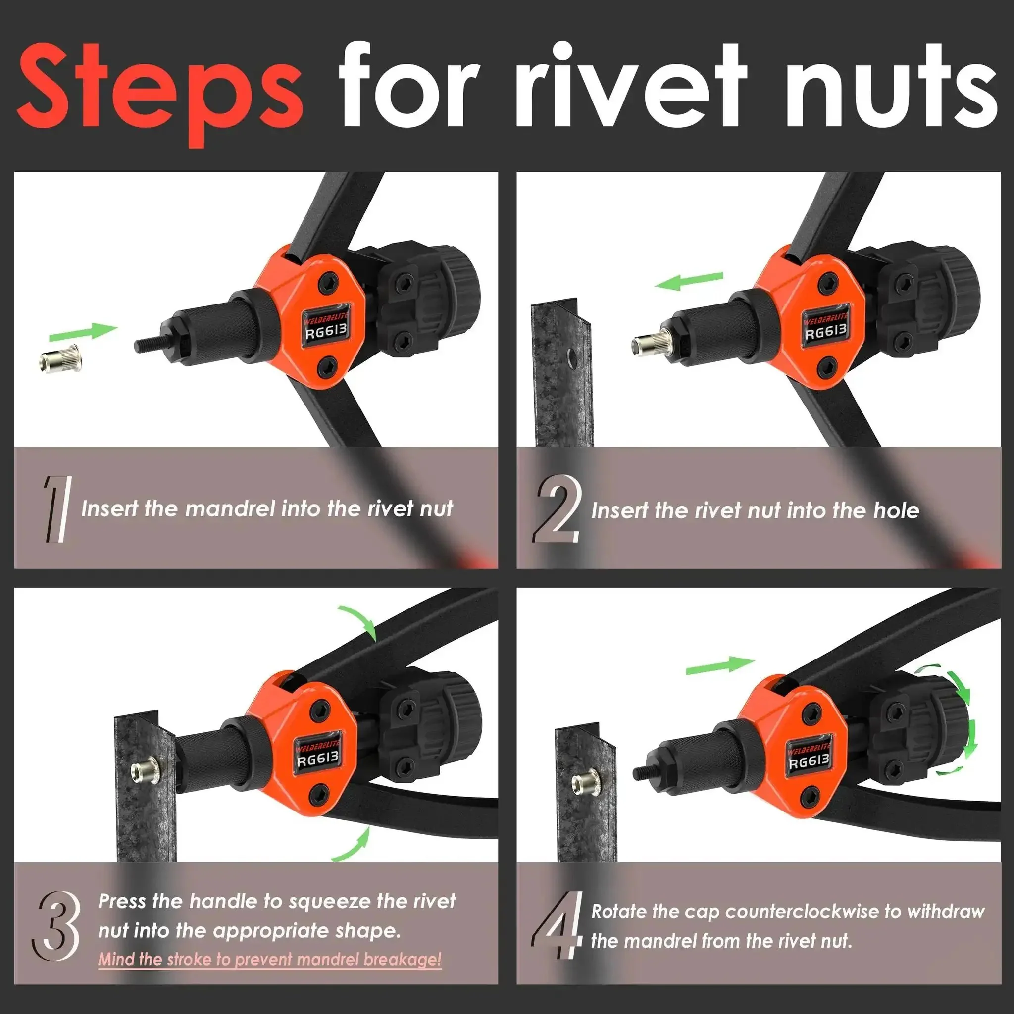 Dual Function Rivet Nut Tool Kit With 405 Rivet Nuts Blind Rivets 15 Mandrels And 5 Nozzles Multipurpose Riveting Gun For Automotive Metal Fabrication DIY Projects - Image 7