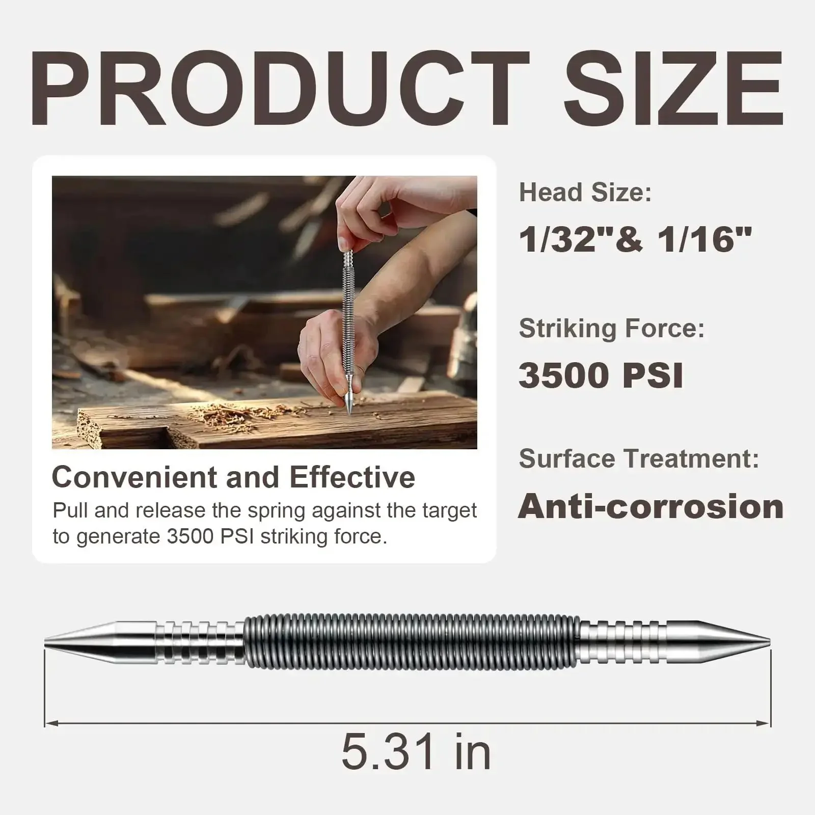 Dual Head Nail Setter With Spring Loaded One Thirty Second Inch And One Sixteenth Inch Sizes Hammerless Nail Punch Tool For Metal Or Wood 3500 PSI Counter Punch For Precise Nail Setting - Image 7