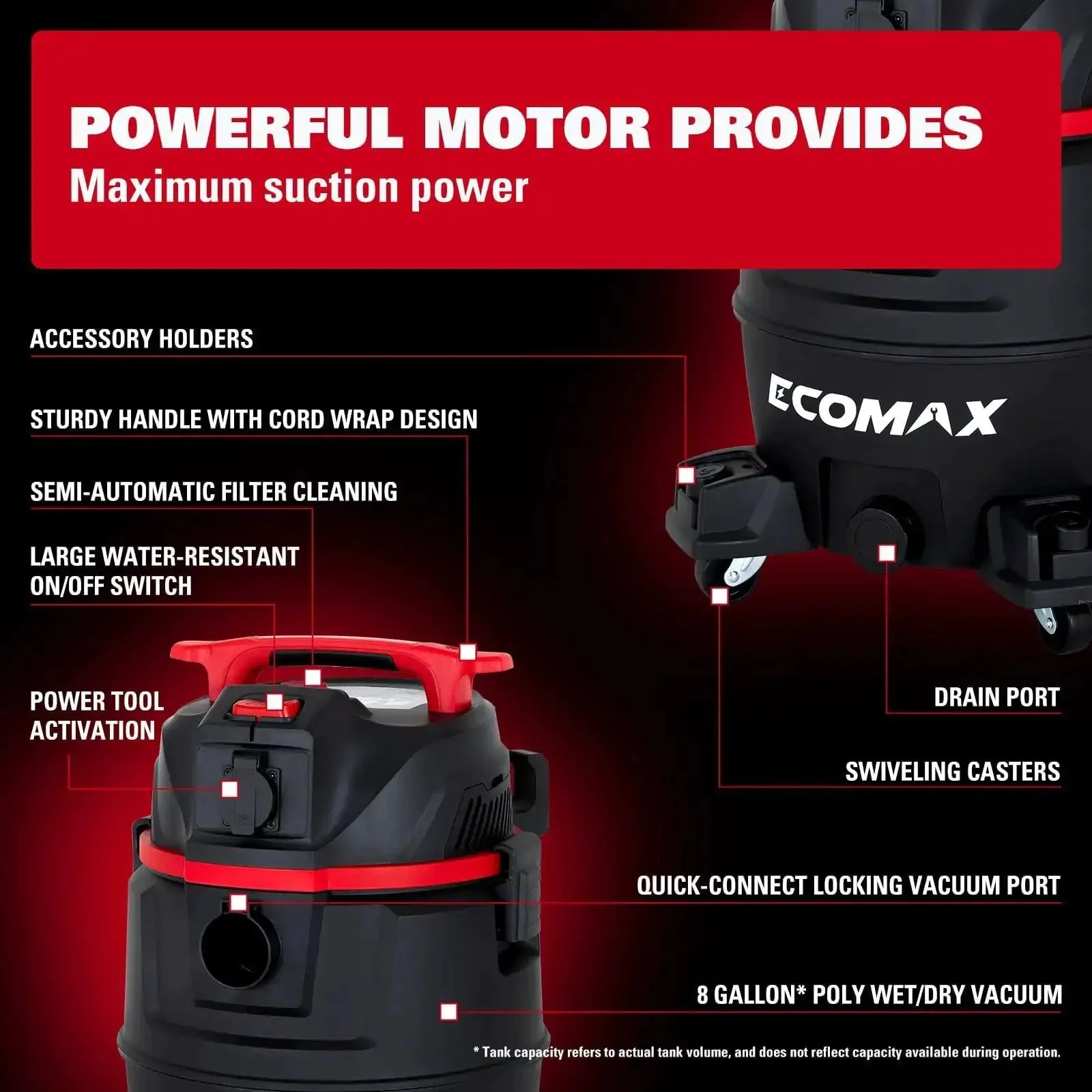 Dual-Mode Wet Dry Vacuum With Auto Tool Activation, 8 Gallon Workhorse, 6.5 HP, HEPA Filter, Anti-Static Hose, Dust-Full Indicator, 2-In-1 Dust Extractor For Woodworking, Shop, And Garage - Image 4