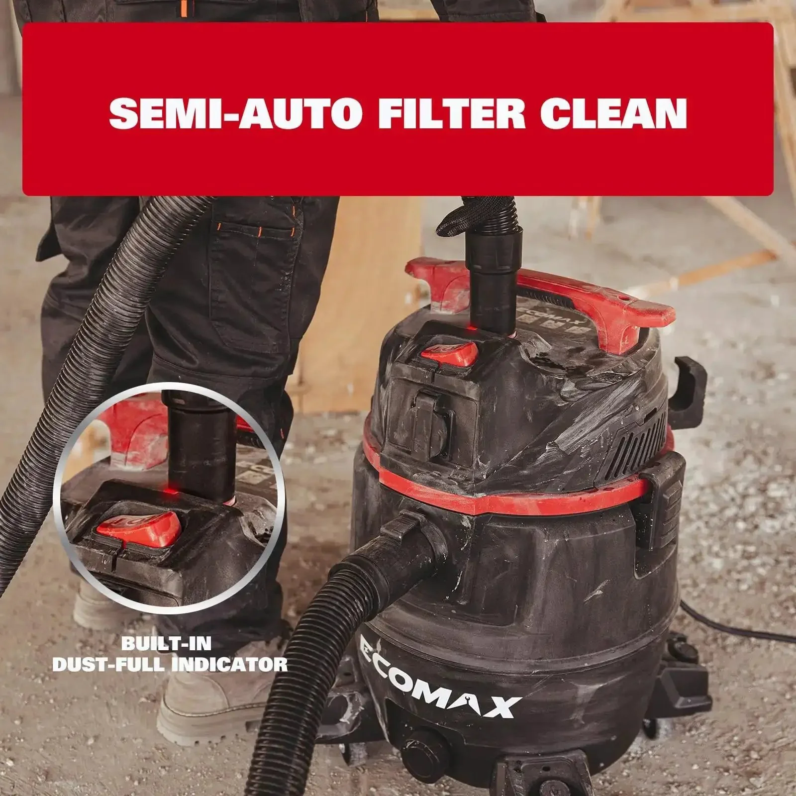 Dual-Mode Wet Dry Vacuum With Auto Tool Activation, 8 Gallon Workhorse, 6.5 HP, HEPA Filter, Anti-Static Hose, Dust-Full Indicator, 2-In-1 Dust Extractor For Woodworking, Shop, And Garage - Image 6