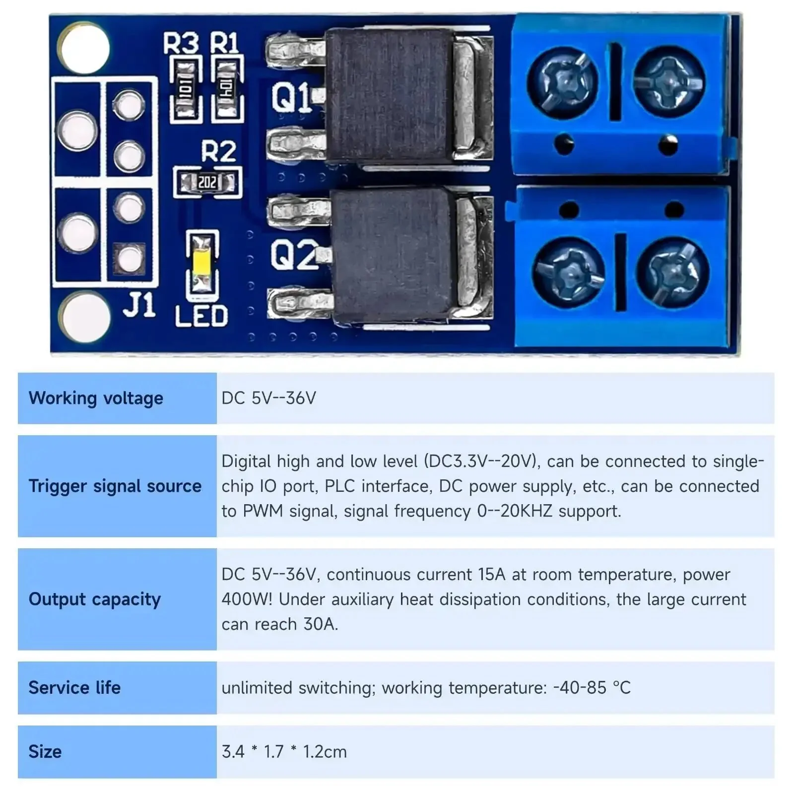 Dual MOSFET Beefed-Up High Power Motor Controller Drive Module 5V To 36V 400W PWM 0 To 20KHz Trigger Switch Electronic Control Board For DC Motors With 15A Continuous And Up To 30A Peak Speed And Lamp Brightness Control - Image 5