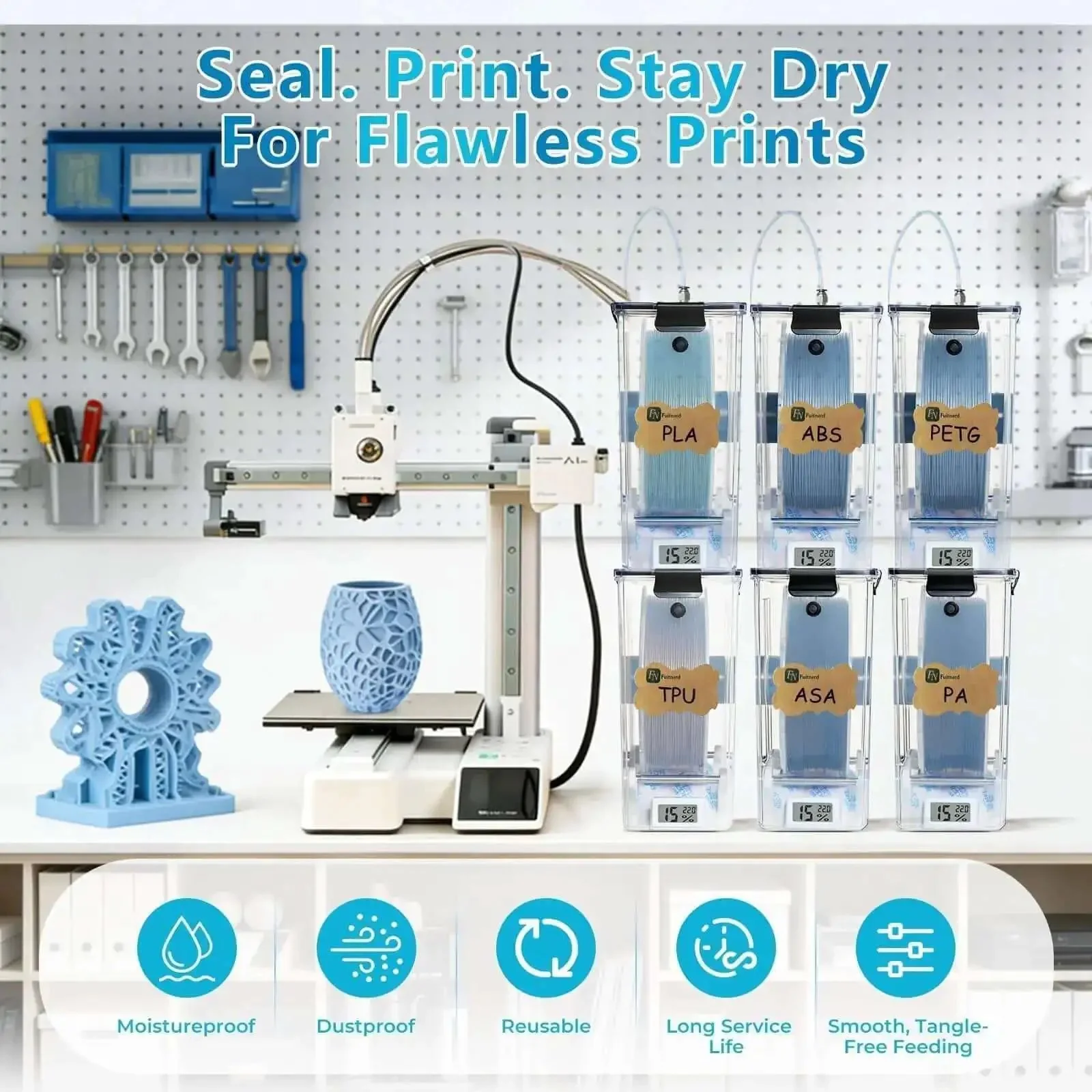 Dual Outlet Filament Storage Box With Airtight Seal, Ball Bearing Spool Holder, No-Fuss Moisture Proof Dispenser For Store While Print Continuous 3D Printing, 1.75mm And 2.85mm Filament, Works With Nylon, PLA, ABS, PETG - Image 2