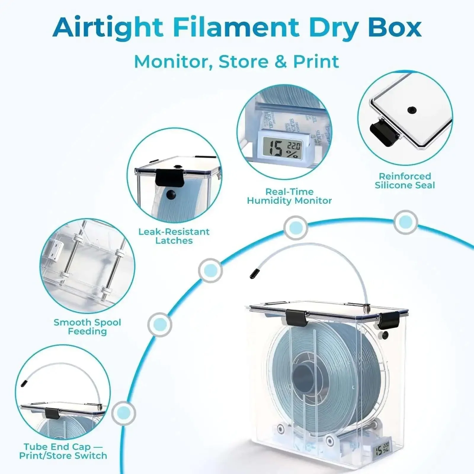 Dual Outlet Filament Storage Box With Airtight Seal, Ball Bearing Spool Holder, No-Fuss Moisture Proof Dispenser For Store While Print Continuous 3D Printing, 1.75mm And 2.85mm Filament, Works With Nylon, PLA, ABS, PETG - Image 7
