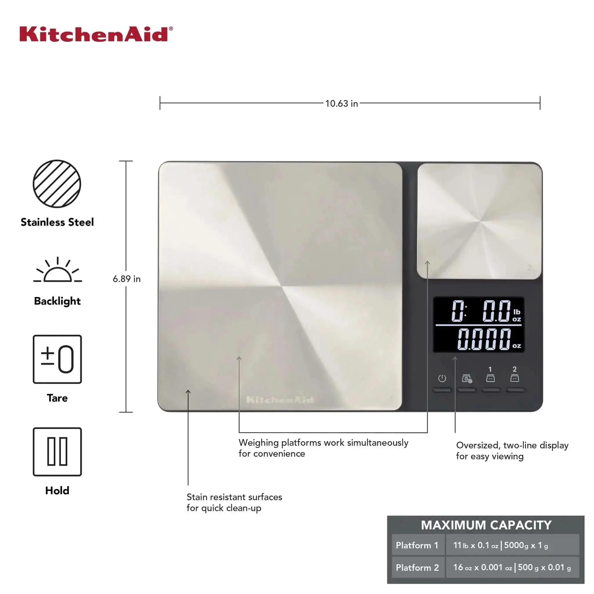 Dual Platform Digital Kitchen Scale For Home Chefs With 11 Lb And 16 Oz Capacity, Precise 0.1 Oz And 0.001 Oz Increments, 5000 G And 500 G Metrics, Stainless Steel Surface And Backlit LCD Readout - Image 10