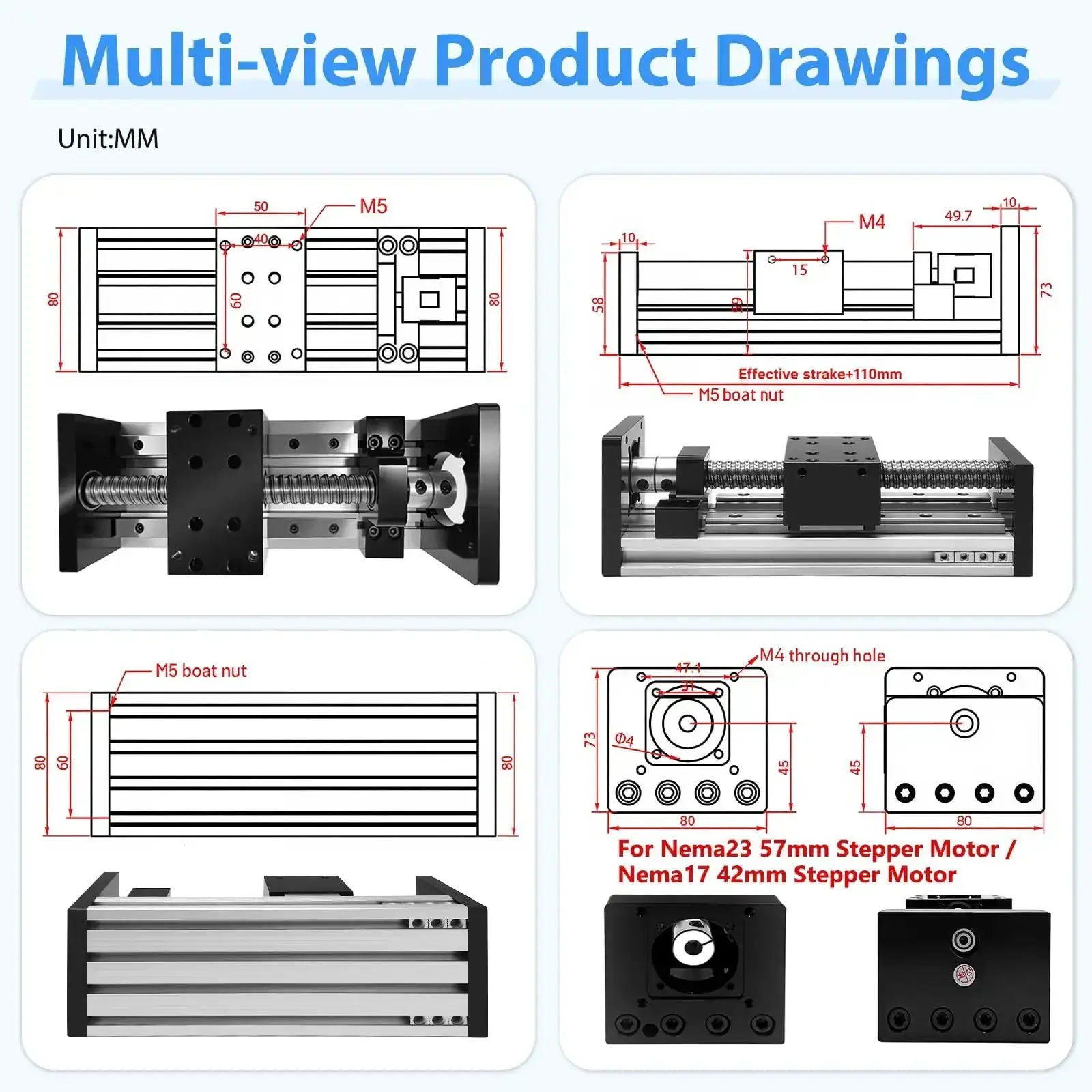 Dual Rail Linear Stage Table With Heavy Duty 12 Inch Stroke SFU1605 Ballscrew 300mm Travel 50x80mm Work Surface Electric Precision Slide 110 lb Load Capacity Fits NEMA17 42mm And NEMA23 57mm Steppers Ideal For CNC And Lab Applications - Image 6
