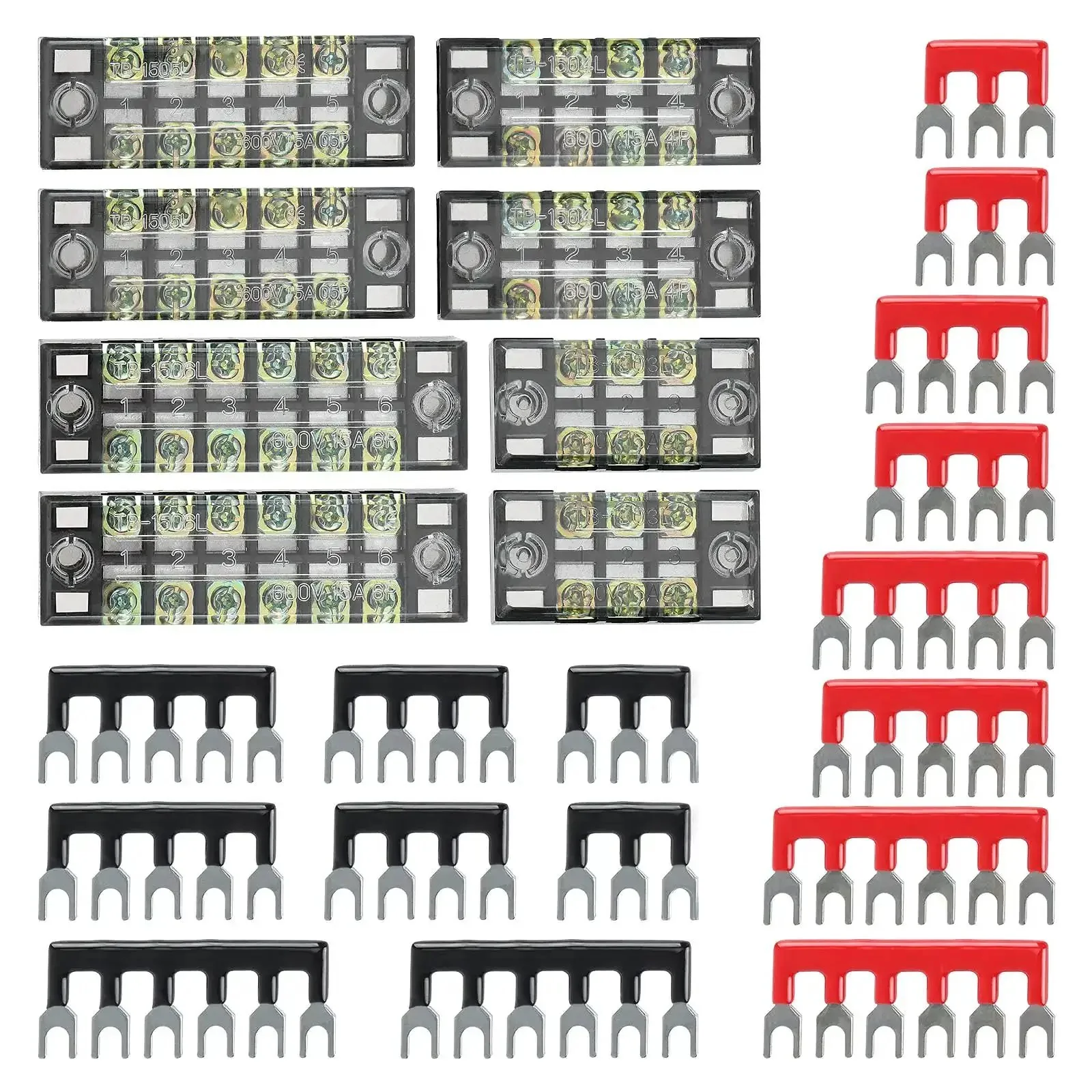 Dual Row Screw Terminal Blocks Set With Covers For Easy Wiring, 8 Sets Of 3 To 6 Positions, 600V 15A Rating, Pre Insulated Barrier Strips, 16 Pcs Terminals, Black And Red Color Coding, Tidy Jumpers And Quick Disconnects For Neat Projects