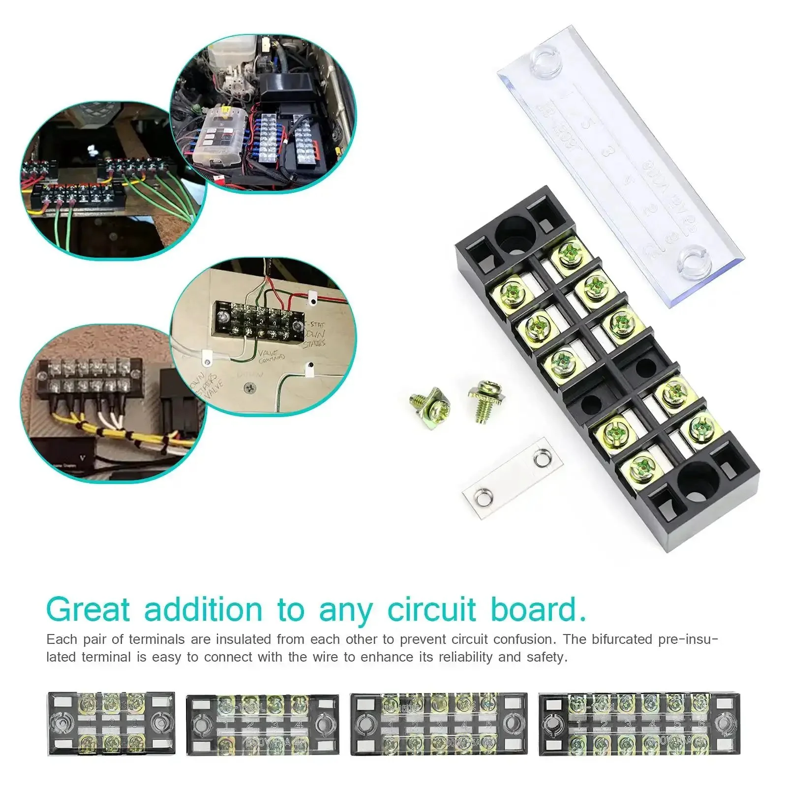Dual Row Screw Terminal Blocks Set With Covers For Easy Wiring, 8 Sets Of 3 To 6 Positions, 600V 15A Rating, Pre Insulated Barrier Strips, 16 Pcs Terminals, Black And Red Color Coding, Tidy Jumpers And Quick Disconnects For Neat Projects - Image 2