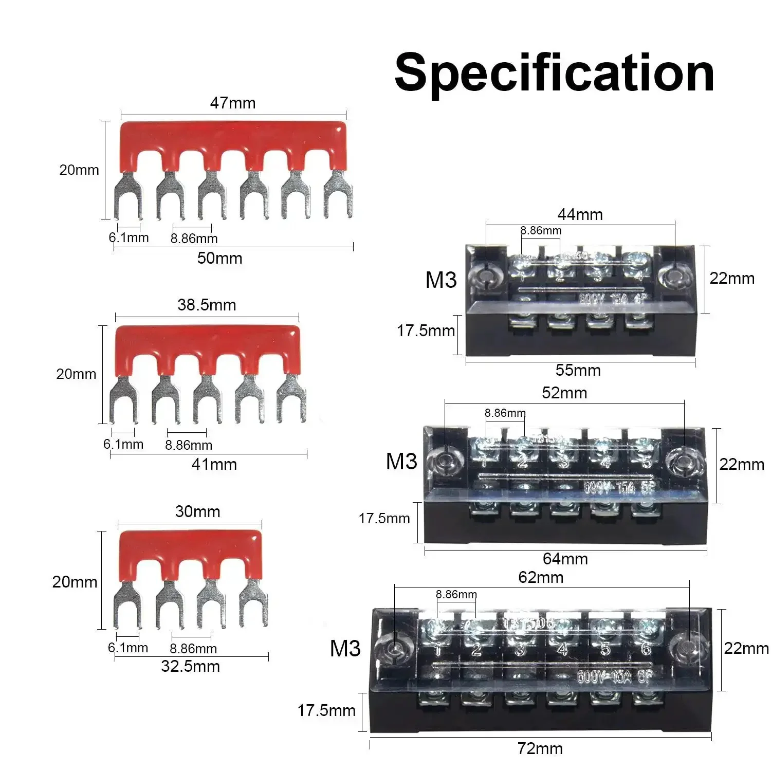 Dual Row Terminal Block Kit With Cover 4 5 6 Positions 600V 15A Wire Screw Terminal Strip Pre Insulated Terminals Barrier Strips Jumpers And Insulated Fork Wire Connectors For Neat Safe And Easy Wiring - Image 7