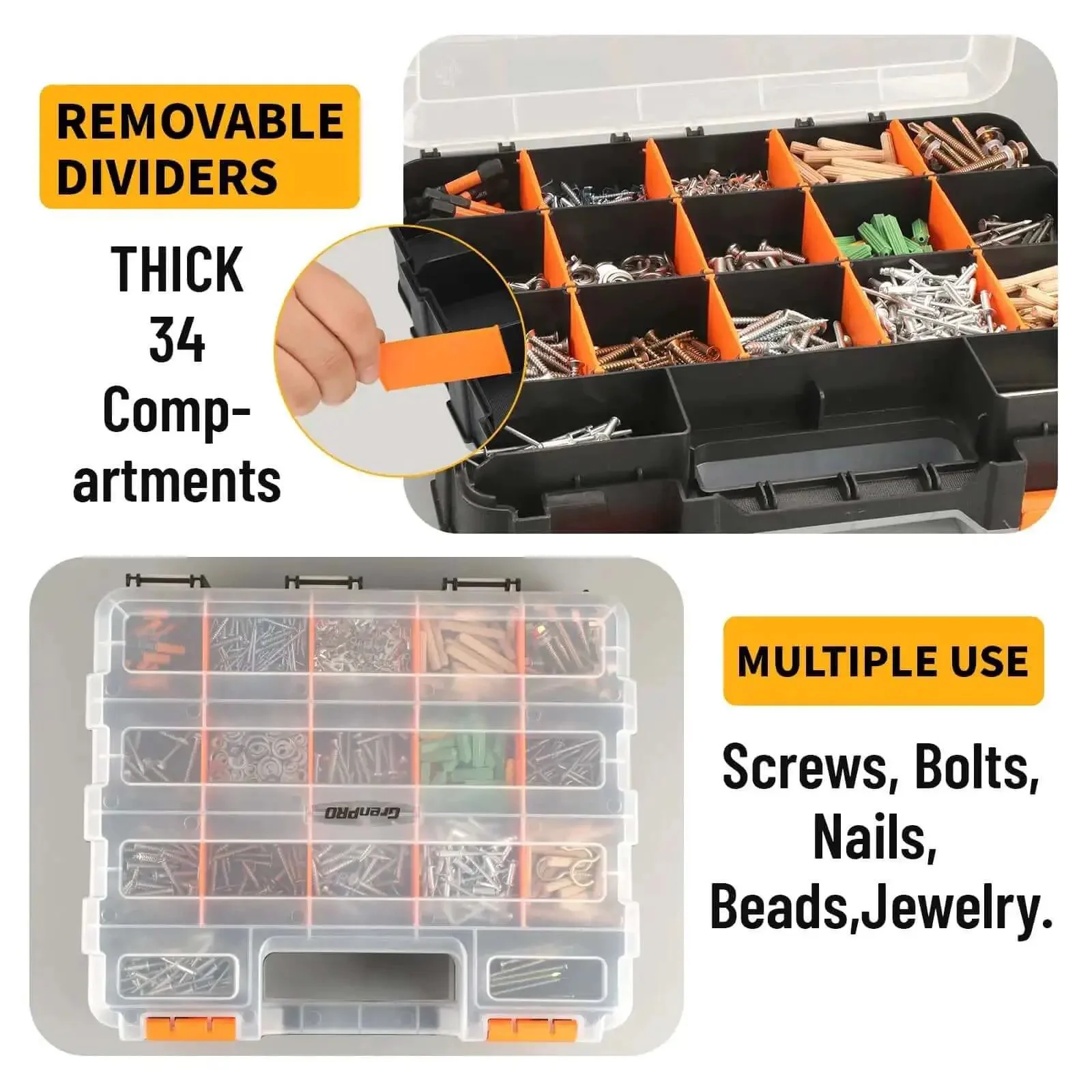 Dual Side 34 Compartments Mini Tool Box Organizer With Customizable Layout And Removable Partitions, Plastic Storage Case For Tools, Screws, Beads, Tackle, Crafts, Fishing Gear And More - Image 6