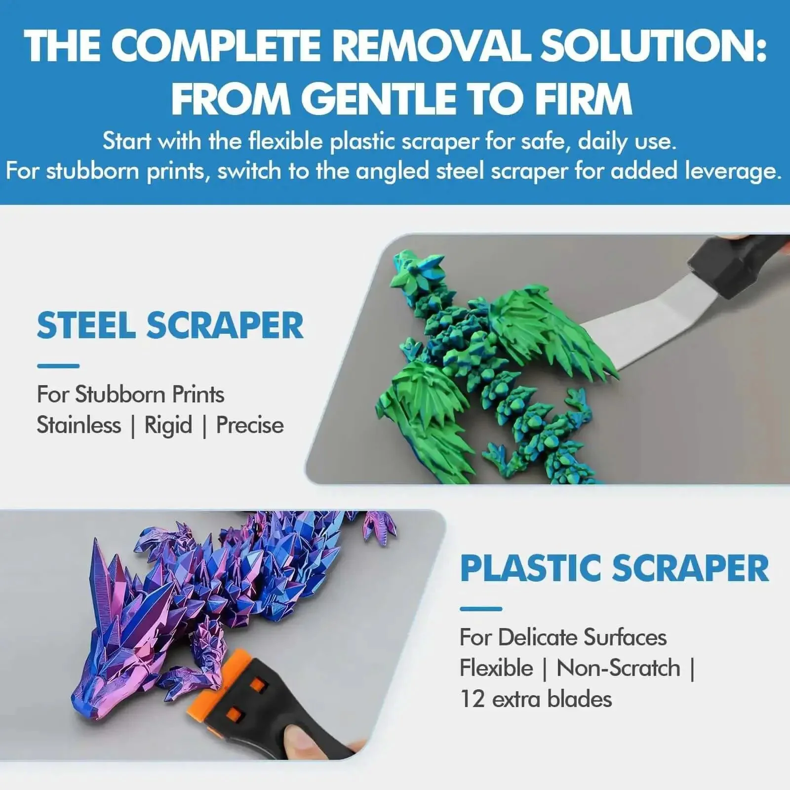 Dual Tool 3D Printer Scraper Set With Angled Metal Spatula For Getting Tough Prints Off And Flexible Plastic Scraper For Scratch Free Removal Includes 12 Replacement Blades For Easy Cleanup - Image 2