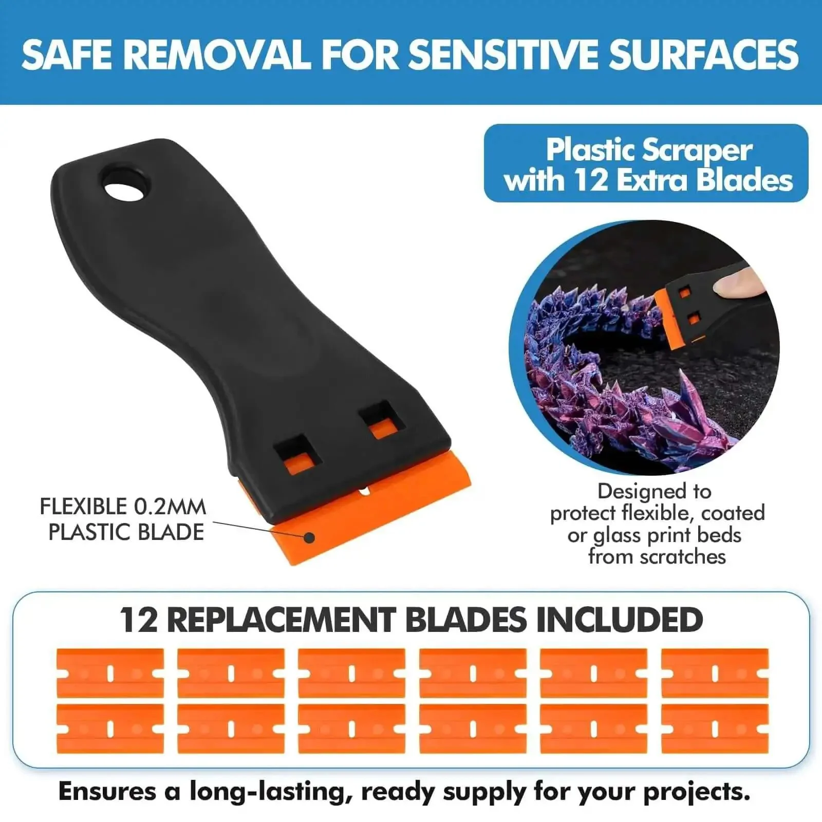 Dual Tool 3D Printer Scraper Set With Angled Metal Spatula For Getting Tough Prints Off And Flexible Plastic Scraper For Scratch Free Removal Includes 12 Replacement Blades For Easy Cleanup - Image 6