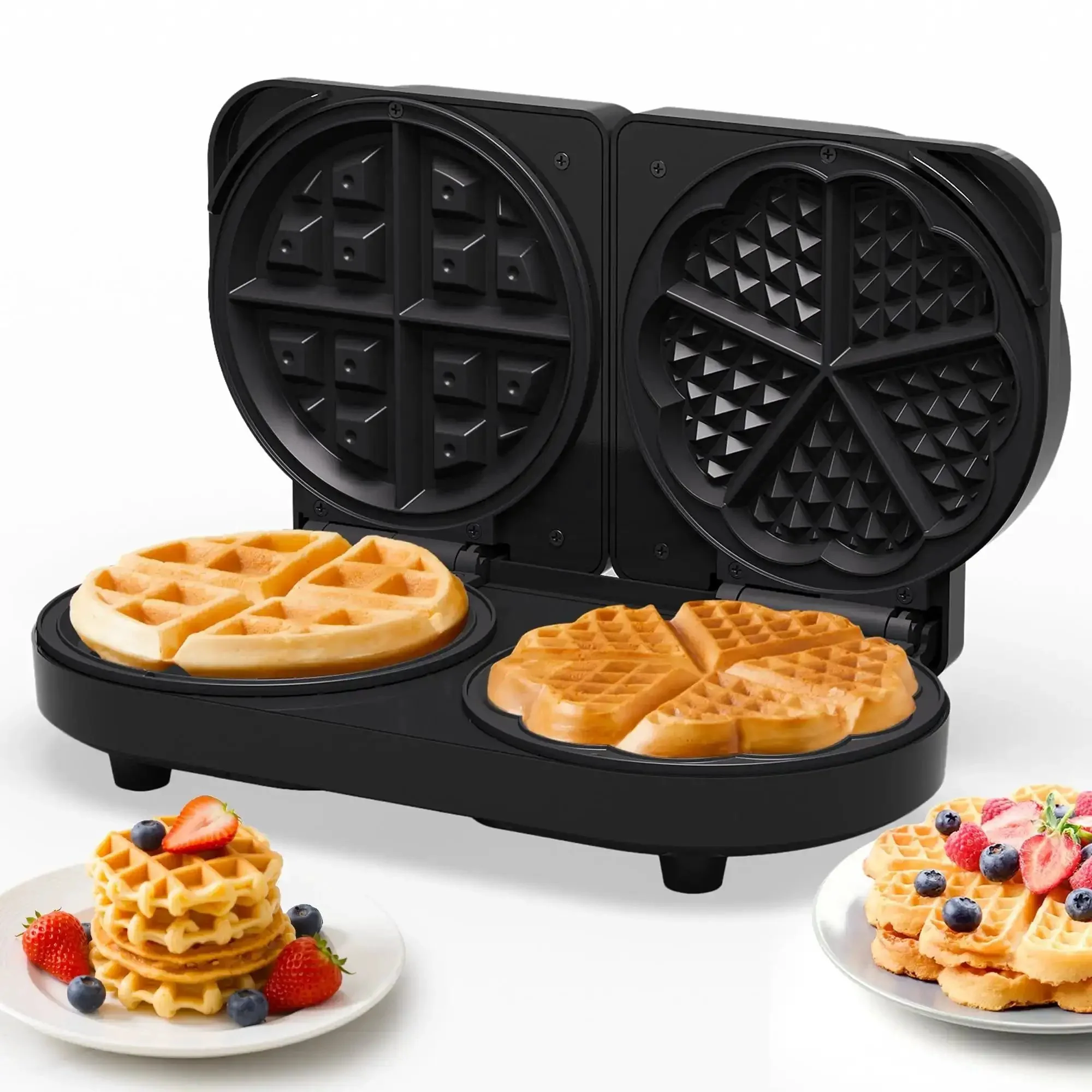 Dual Waffle Maker With Heart And Classic Plates, 2 Adjustable Temperature Knobs, Nonstick Surface, Easy Clean, Indicator Light Breakfast Game Changer, Kid Friendly Gift For Her, Kids And Families