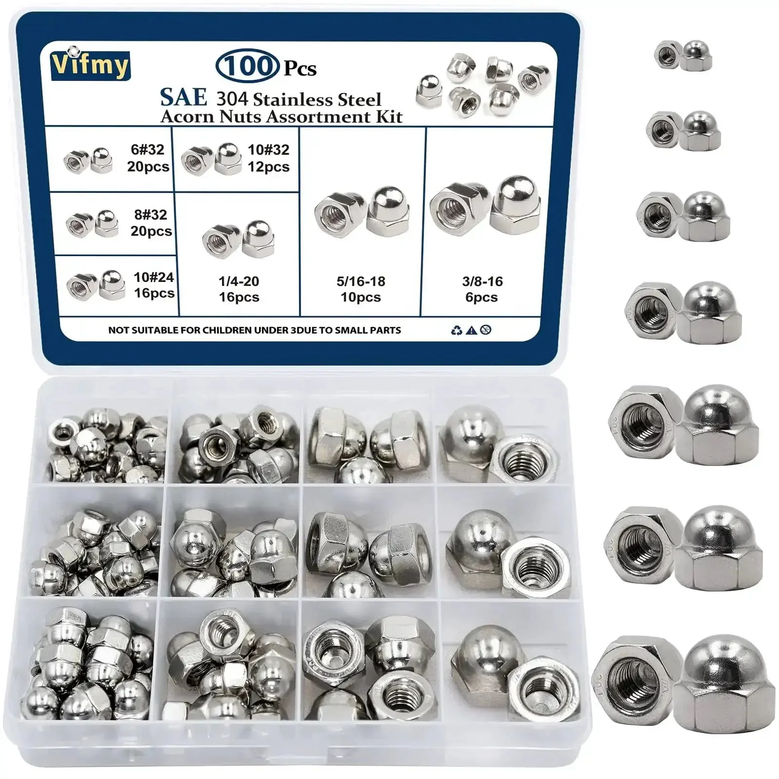 Durable 304 Stainless Steel Acorn Nuts Assortment Kit - 100 Pieces with Sizes Like 6#32, 8#32, 10#24, 10#32, 1/4"-20, 5/16"-18, and 3/8"-16 for SAE Hex Cap Nuts, Bolt Caps, Indoor and Outdoor DIY Fixes, Workshop Essentials, and Heavy-Duty Projects -