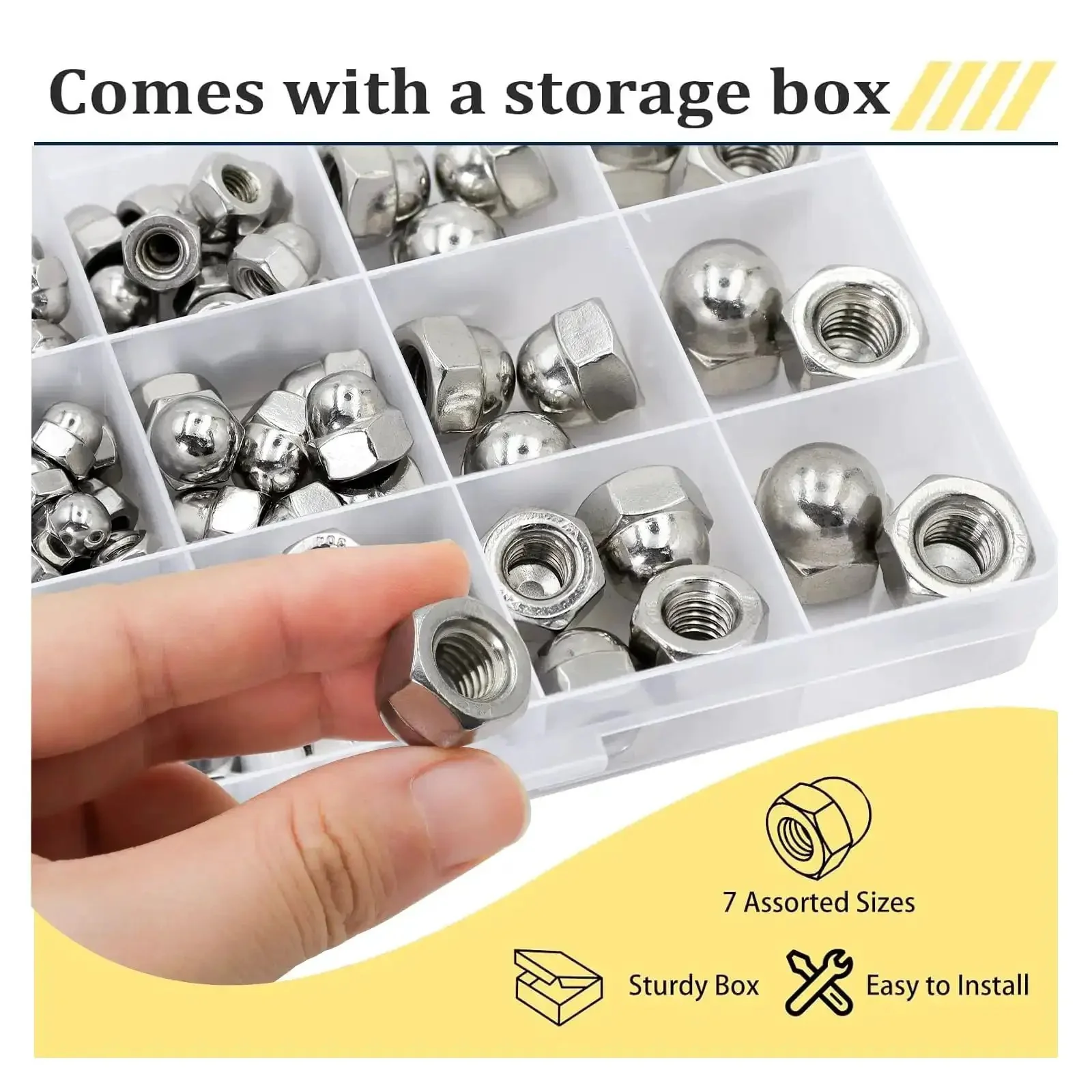 Durable 304 Stainless Steel Acorn Nuts Assortment Kit - 100 Pieces with Sizes Like 6#32, 8#32, 10#24, 10#32, 1/4"-20, 5/16"-18, and 3/8"-16 for SAE Hex Cap Nuts, Bolt Caps, Indoor and Outdoor DIY Fixes, Workshop Essentials, and Heavy-Duty Projects - - Image 3