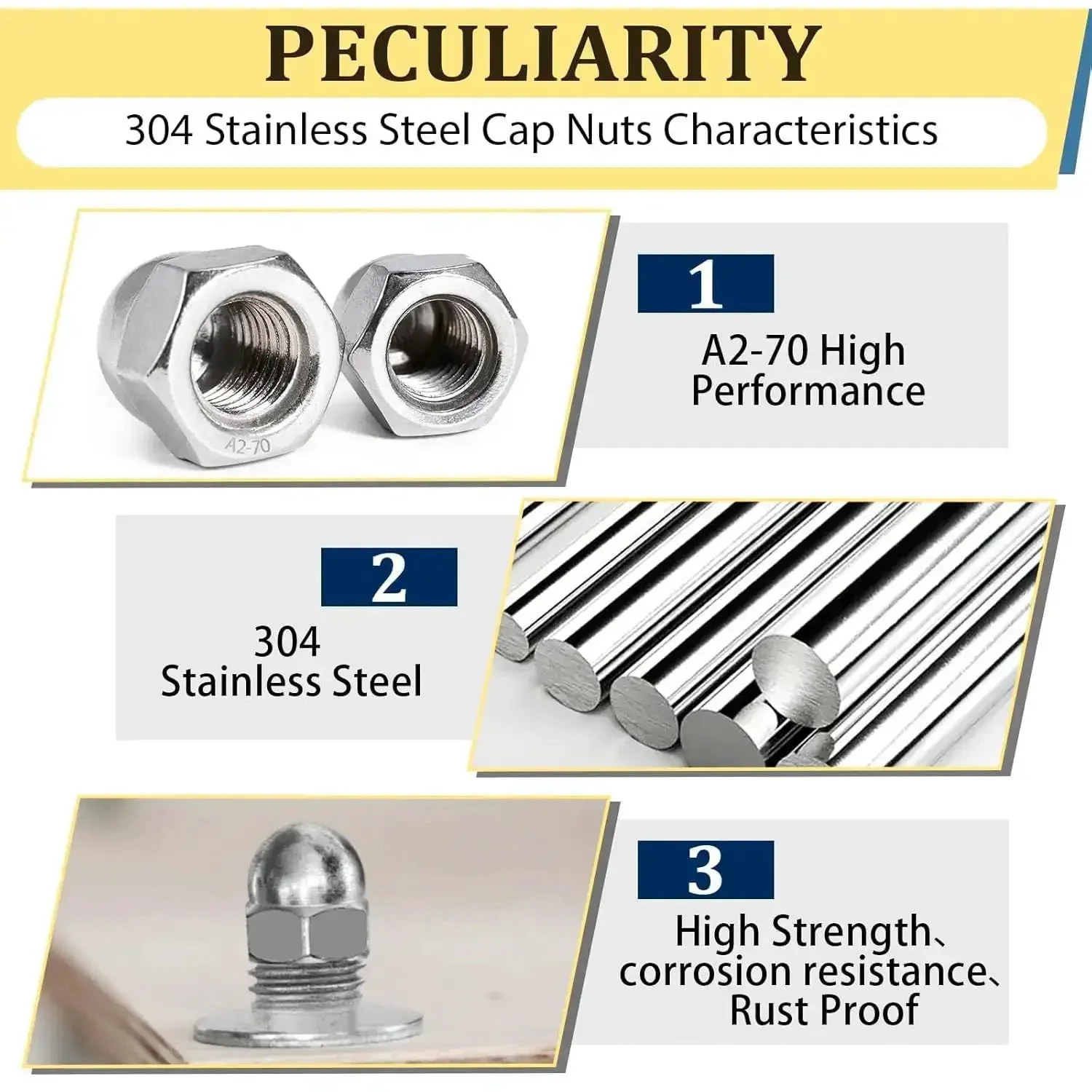 Durable 304 Stainless Steel Acorn Nuts Assortment Kit - 100 Pieces with Sizes Like 6#32, 8#32, 10#24, 10#32, 1/4"-20, 5/16"-18, and 3/8"-16 for SAE Hex Cap Nuts, Bolt Caps, Indoor and Outdoor DIY Fixes, Workshop Essentials, and Heavy-Duty Projects - - Image 6