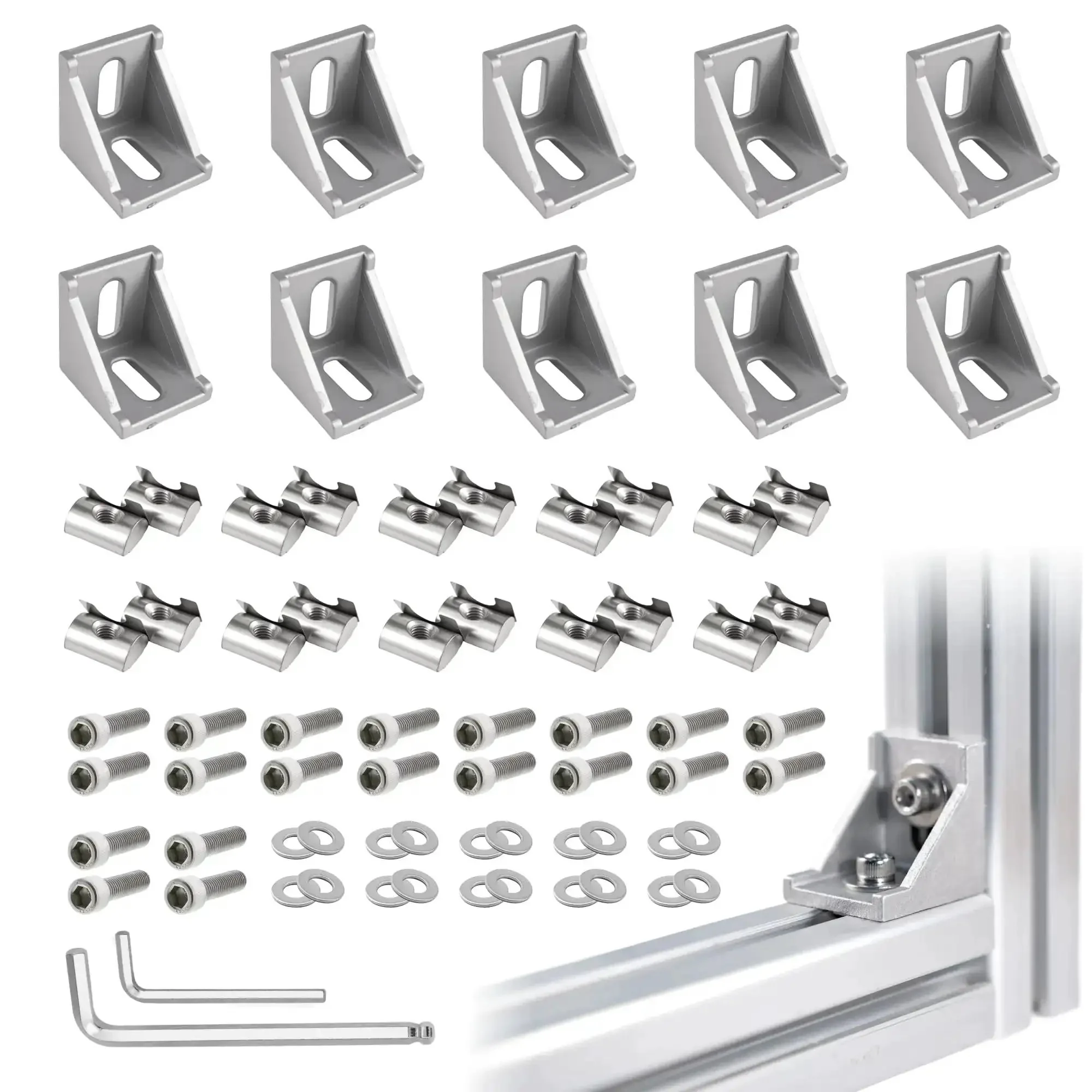 Durable Aluminum Extrusion Corner Bracket Kit For 30 Series T Slot Rails With 10 Corner Brackets 20 M6 Spring T Nuts And Screws And 1 Ball End Hex Wrench Built For Heavy Builds And Rust Resistant Hardware