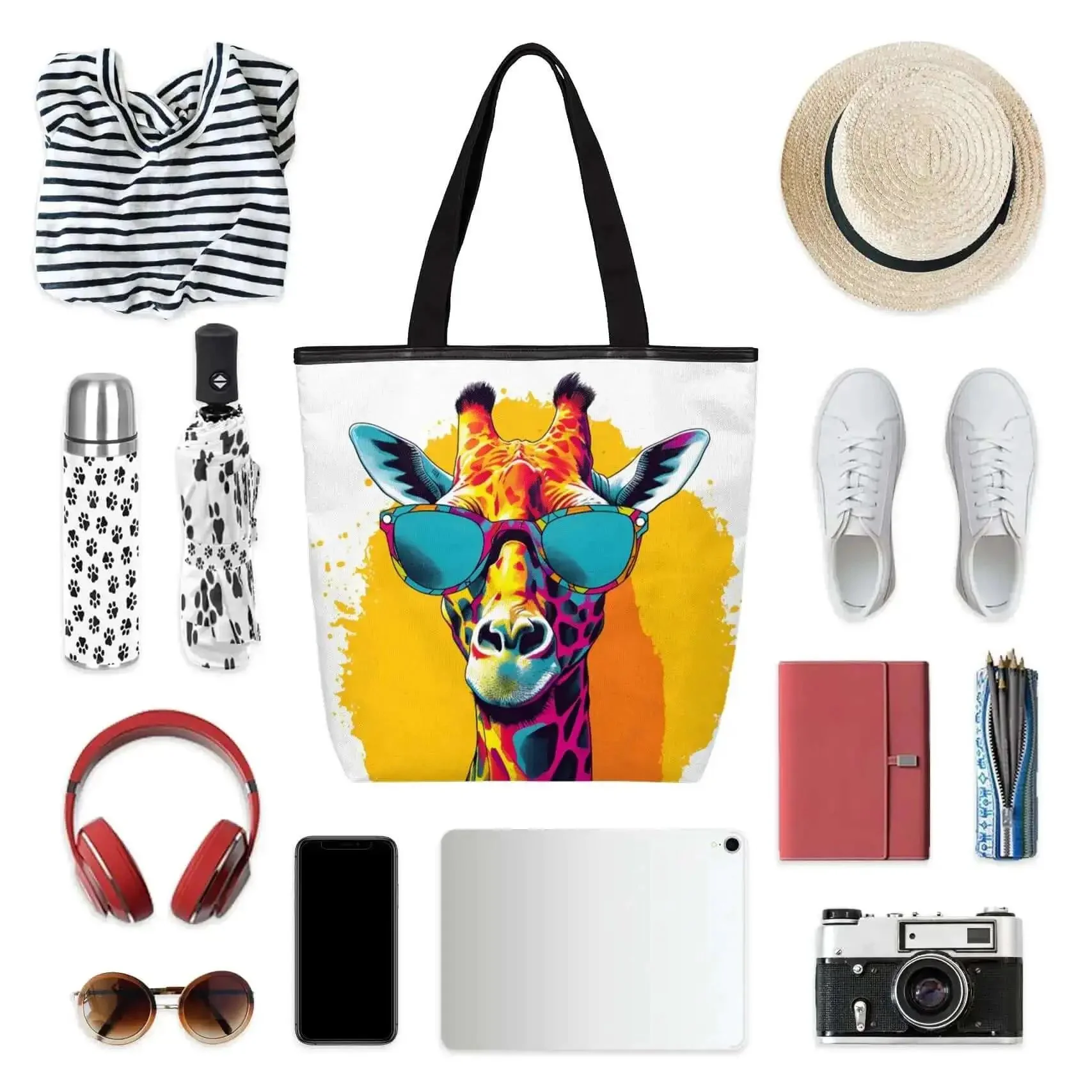 Durable Canvas Tote Bag For Women And Men With Zipper Closure, Reusable Grocery And Shopping Tote, Stylish Shoulder Handbag For Beach, Gym, Picnic Or Work, Eco Friendly Carryall With Giraffe Print Accent - Image 4