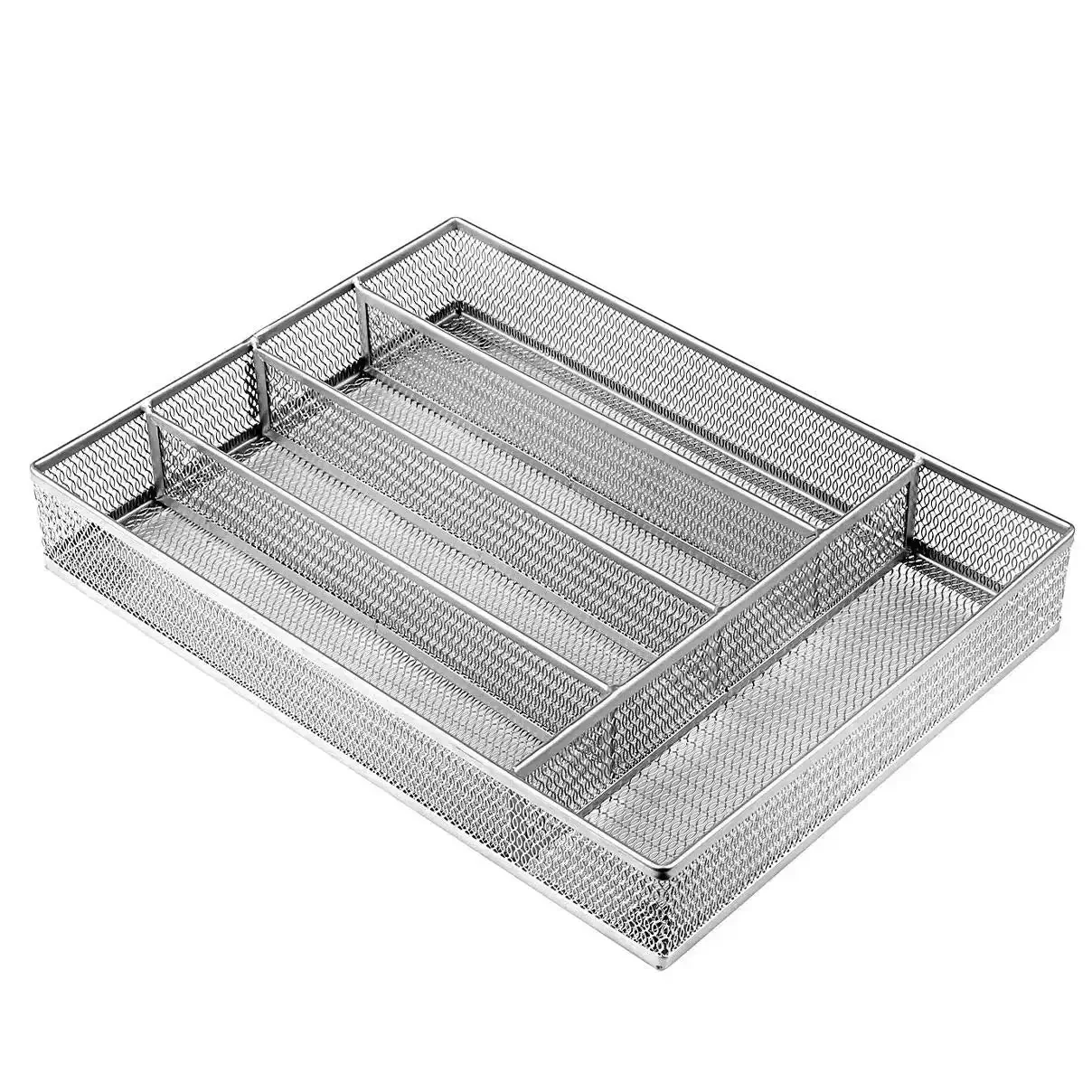 Durable Mesh Wire Cutlery Drawer Organizer With Non Slip Foam Feet Five Compartment Silverware Tray For Kitchen Storage Rustproof Carbon Steel With Silver Epoxy Finish