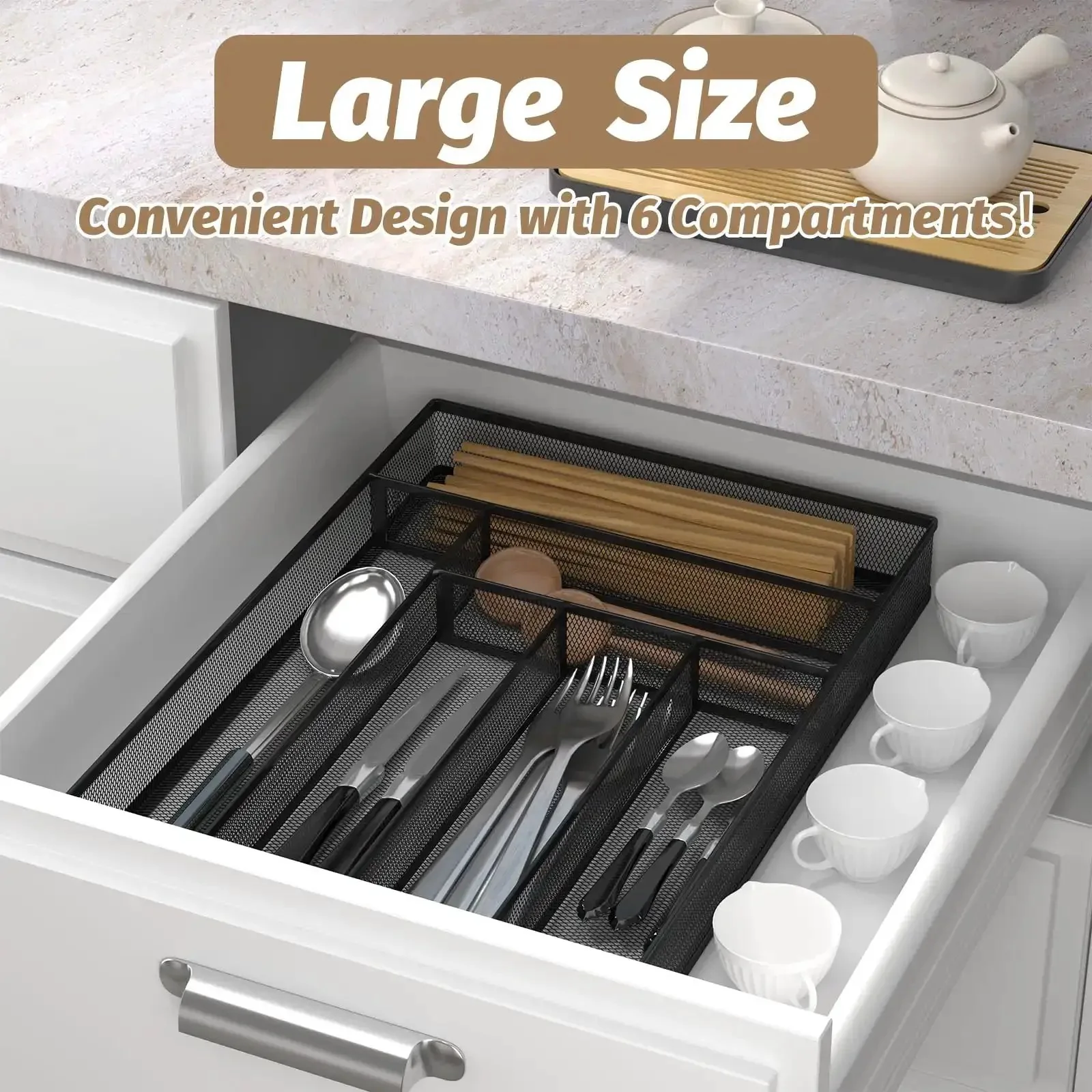 Durable Metal Mesh Silverware Organizer for Kitchen Drawers, Large 6 Compartment Flatware Tray, Utensil Drawer Organizer in Black, Keeps Your Kitchen Drawers Neat and Tidy, Fits 11.3 by 16 Inches Drawers - Image 6