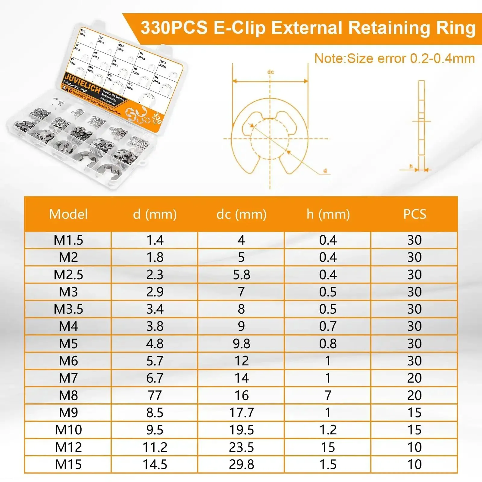 E Clip Circlip Assortment Kit, 330 Pcs, 14 Sizes, 304 Stainless Steel External Retaining Rings Set For Bearings, Gears, Pulleys And Axles, Metric E Clips M1.5 To M15, Durable, Easy Install - Image 4