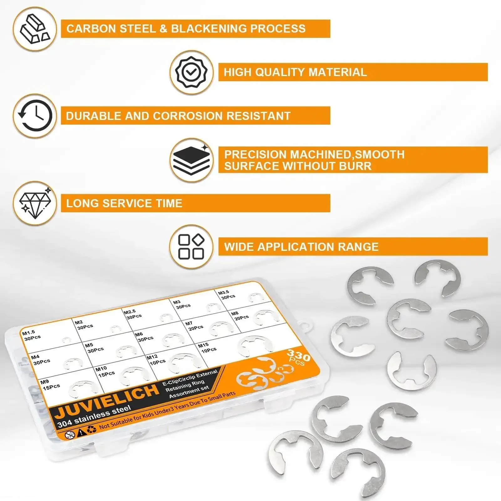 E Clip Circlip Assortment Kit, 330 Pcs, 14 Sizes, 304 Stainless Steel External Retaining Rings Set For Bearings, Gears, Pulleys And Axles, Metric E Clips M1.5 To M15, Durable, Easy Install - Image 5