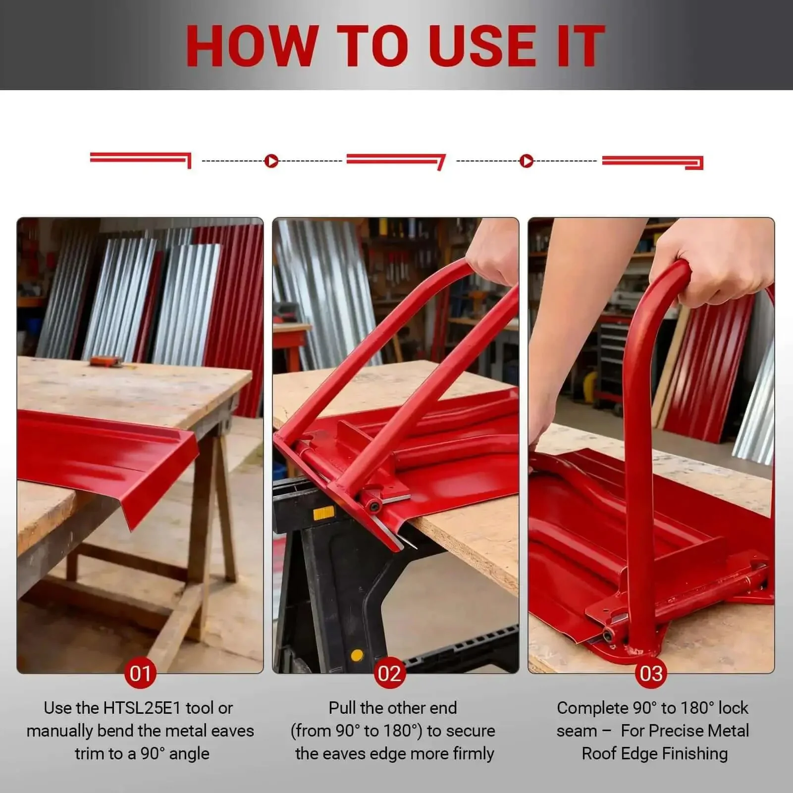 Eaves Seam Bender for Roofer Pros and Metal Fab Pros, PVC Insert Drip Edge Folding Tool for Standing Seam Roofing, 90 to 180 Degree Final Fold, High Strength Red Eaves Locker for Fascia, Flashing, Dormers and Sheet Metal - Image 5